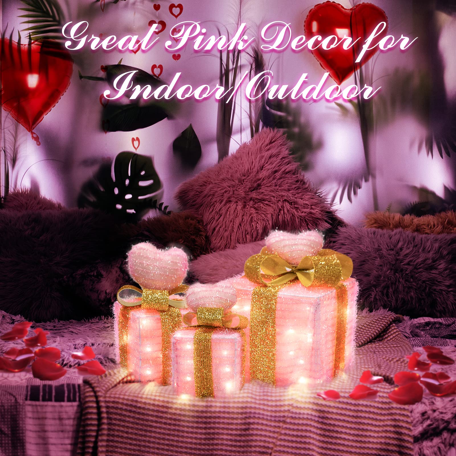 Tngan Pink Lighted Gift Boxes, Christmas Decorations for Indoor Outdoor, Room Decor for Bedroom, 60 LED Light Up Pink Gifts Batt