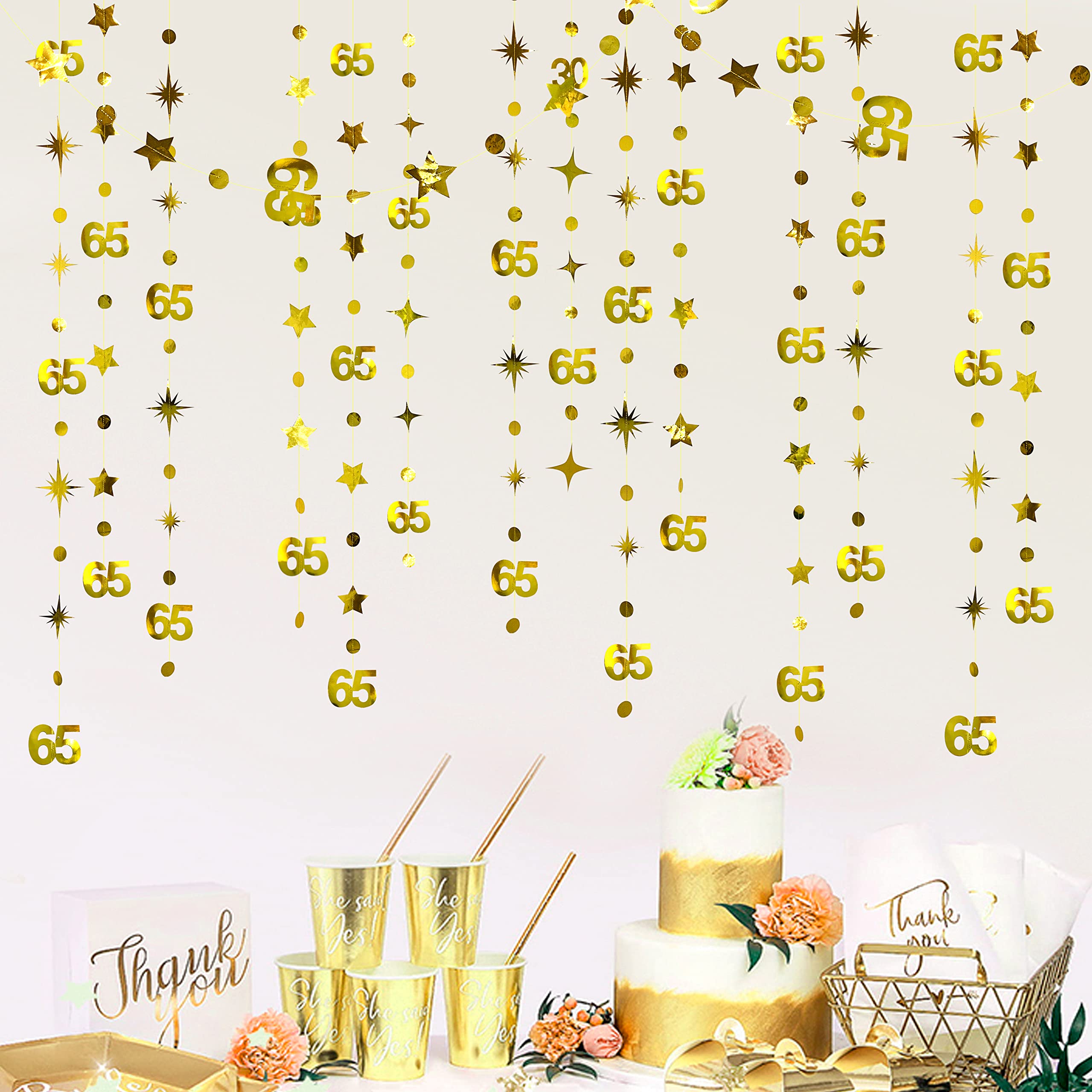 Gold 65th Birthday Decorations Number 65 Circle Dot Twinkle Star Garland Metallic Hanging Streamer Bunting Banner Backdrop for 65 Year Old Birthday Happy 65th Anniversary Sixty Five Party Supplies