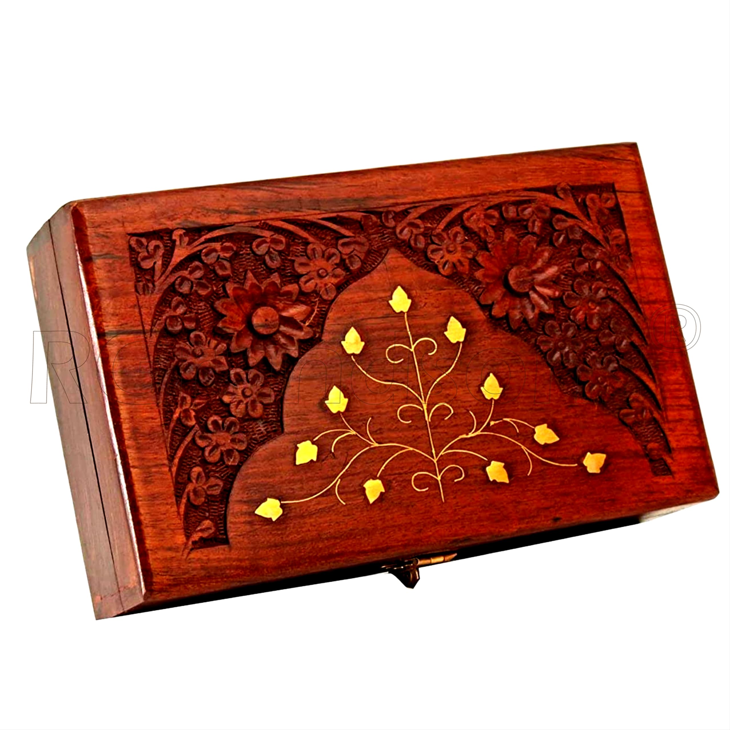 Rgrandsons Handmade Wooden Keepsake Storage Box Jewelry Trinket Holder Organizer Floral Hand Carvings With Brass Inlay 8 Inch