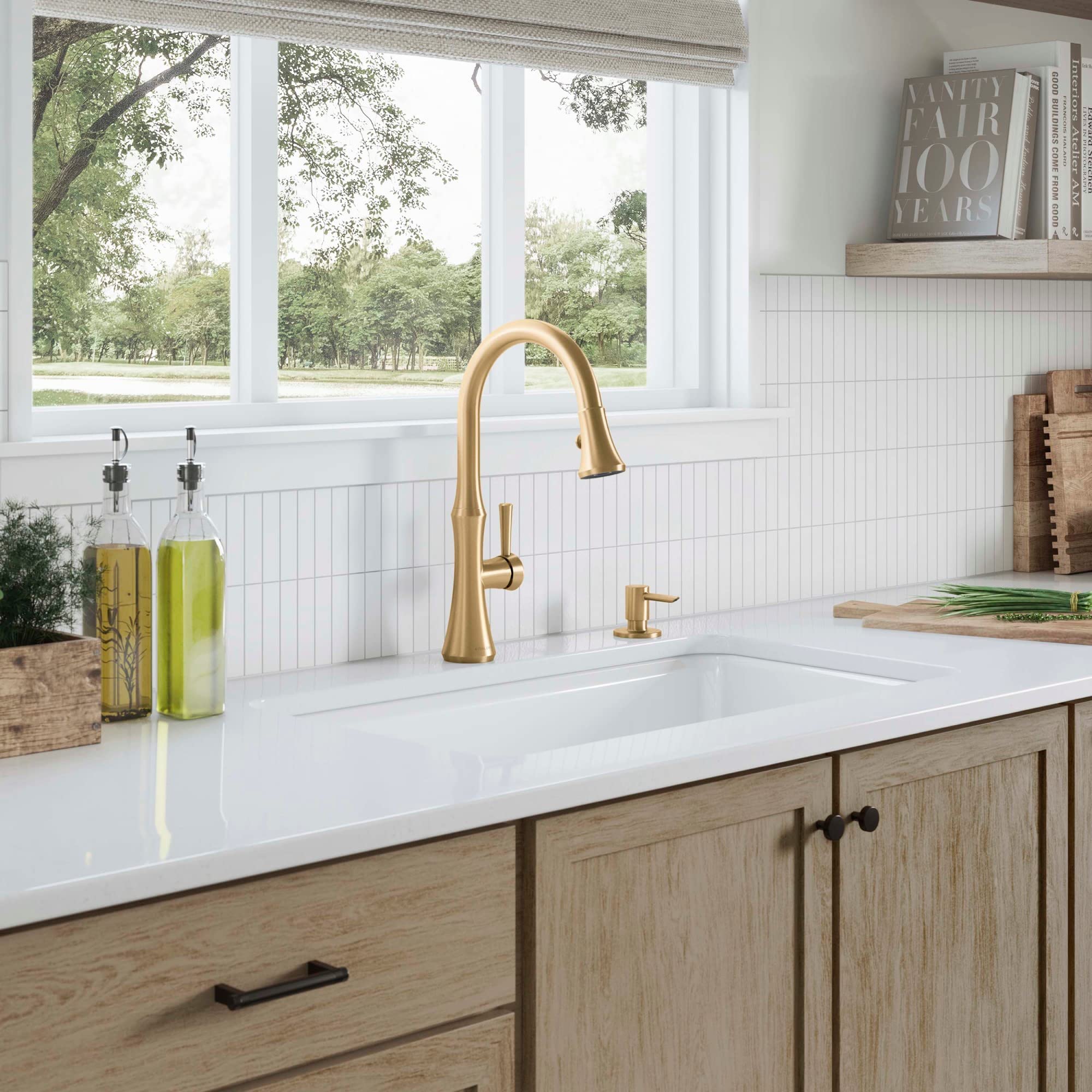 KOHLER Kaori Kitchen Faucet with Pull Down Sprayer & Soap Dispenser, Model R28706-SD-2MB, Vibrant Brushed Moderne Brass