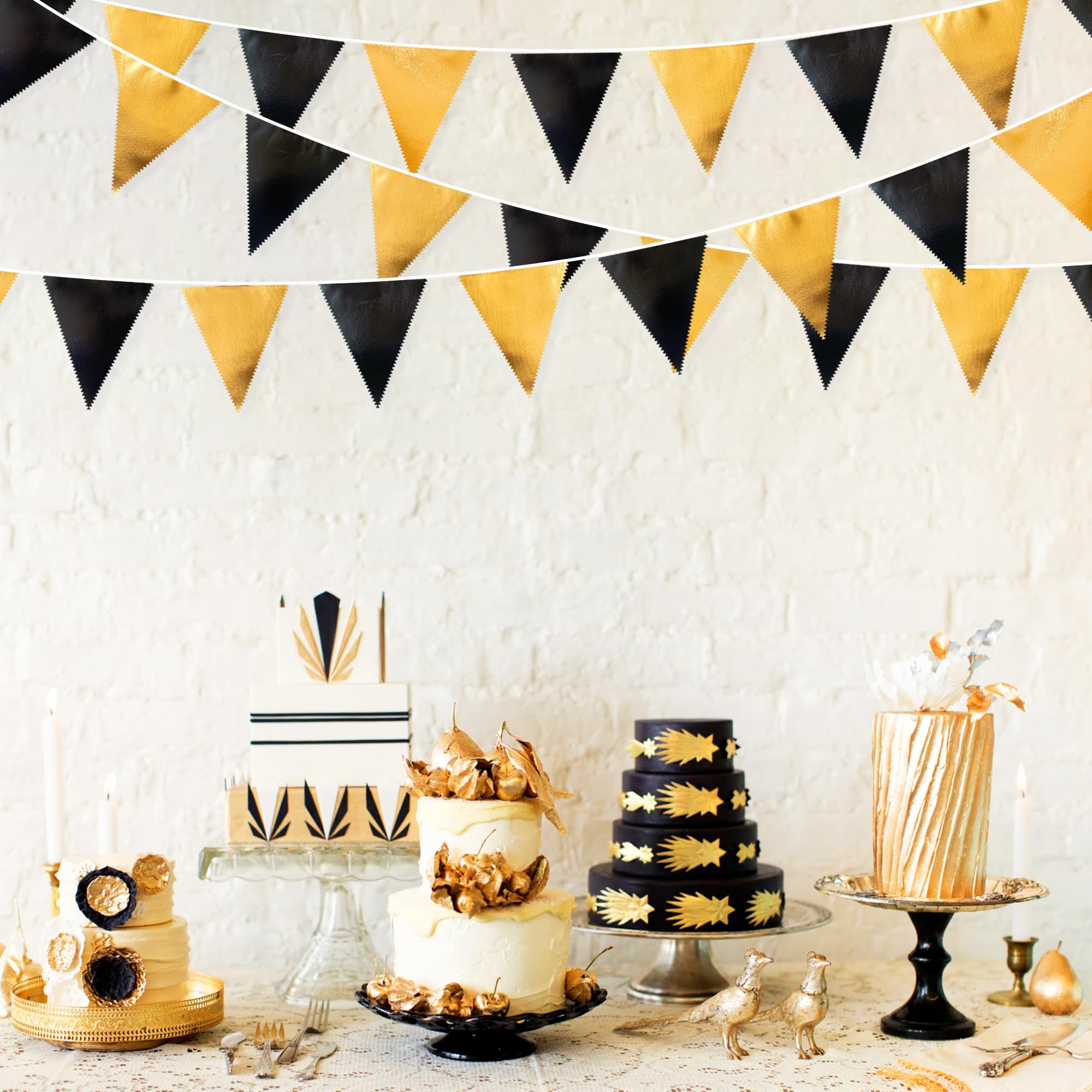 Black And Gold Party Decorations Triangle Pennant Banner Flag Metallic Fabric Bunting Garland For Birthday Graduation Anniversar