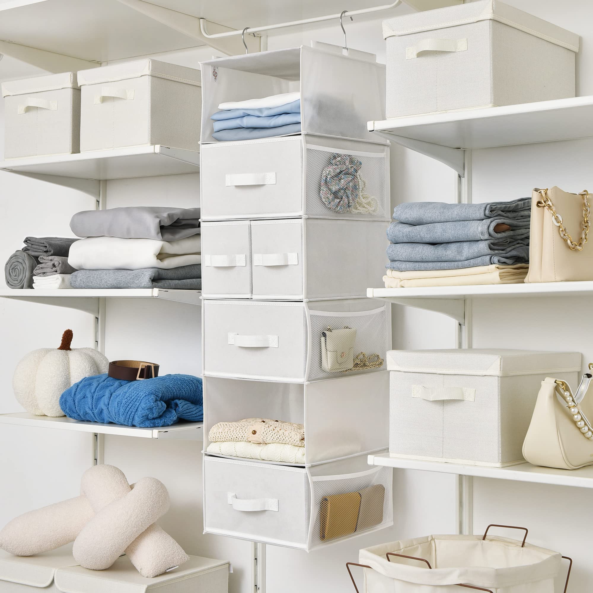 GRANNY SAYS Hanging Closet Organizer and Storage  6 Shelf Clothes Organization with Drawers  6 Side Pockets Closet Hanging Shelves for Bras  Socks  Underwear  Nursery Room  Wardrobe  White  1-Pack