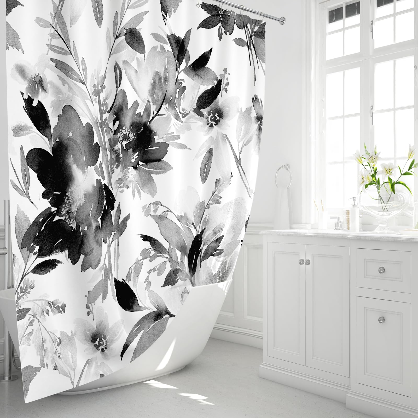 Mayzus Long Shower Curtain 72 X 78 Inch, Tall Watercolor Floral Fabric Shower Curtain, Black And White Modern Abstract Flower Ba