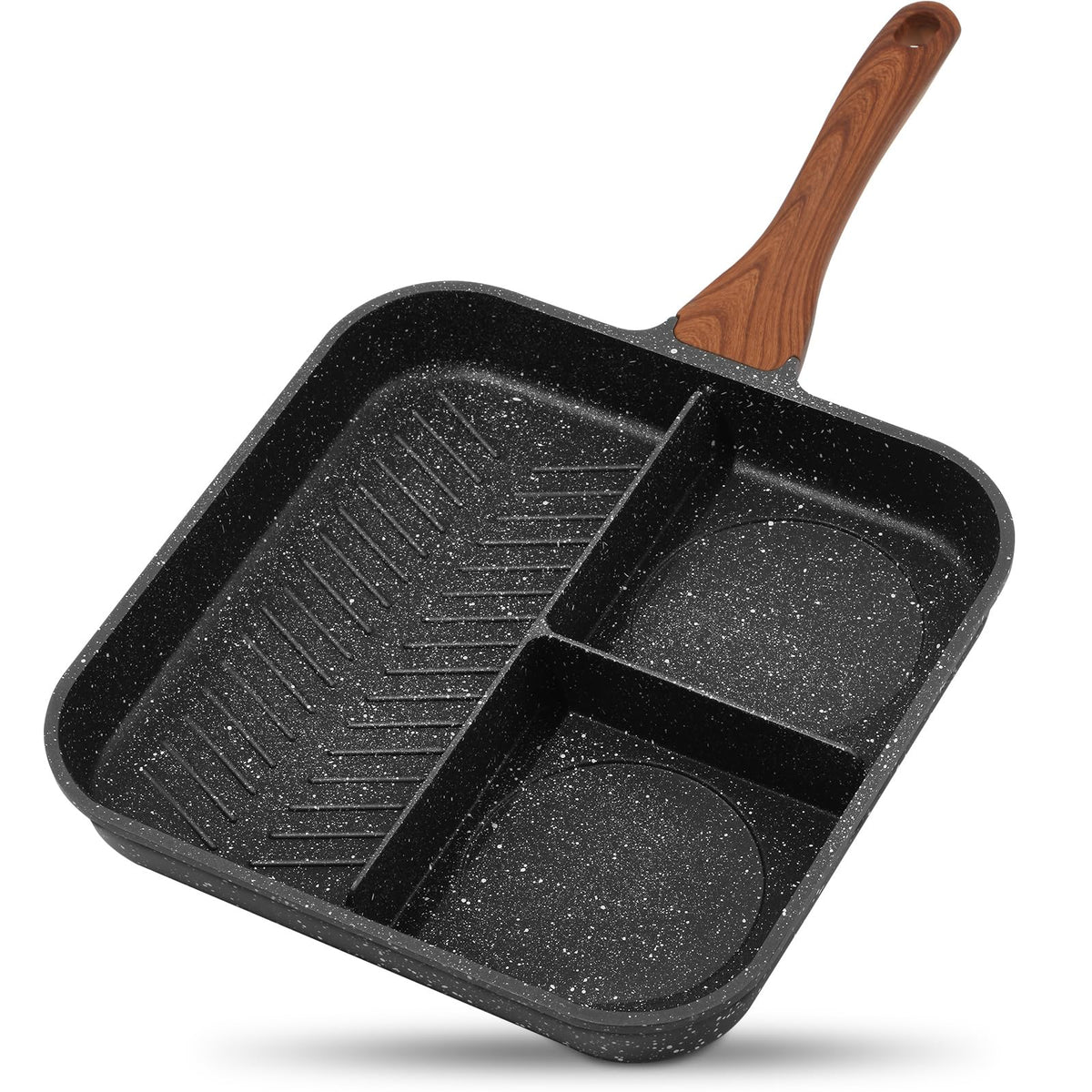 Eslite Life Nonstick Divided Grill Pan For Stove Tops, 11 Inch 3-Section Granite Coating Breakfast Grilling Skillet, Compatible