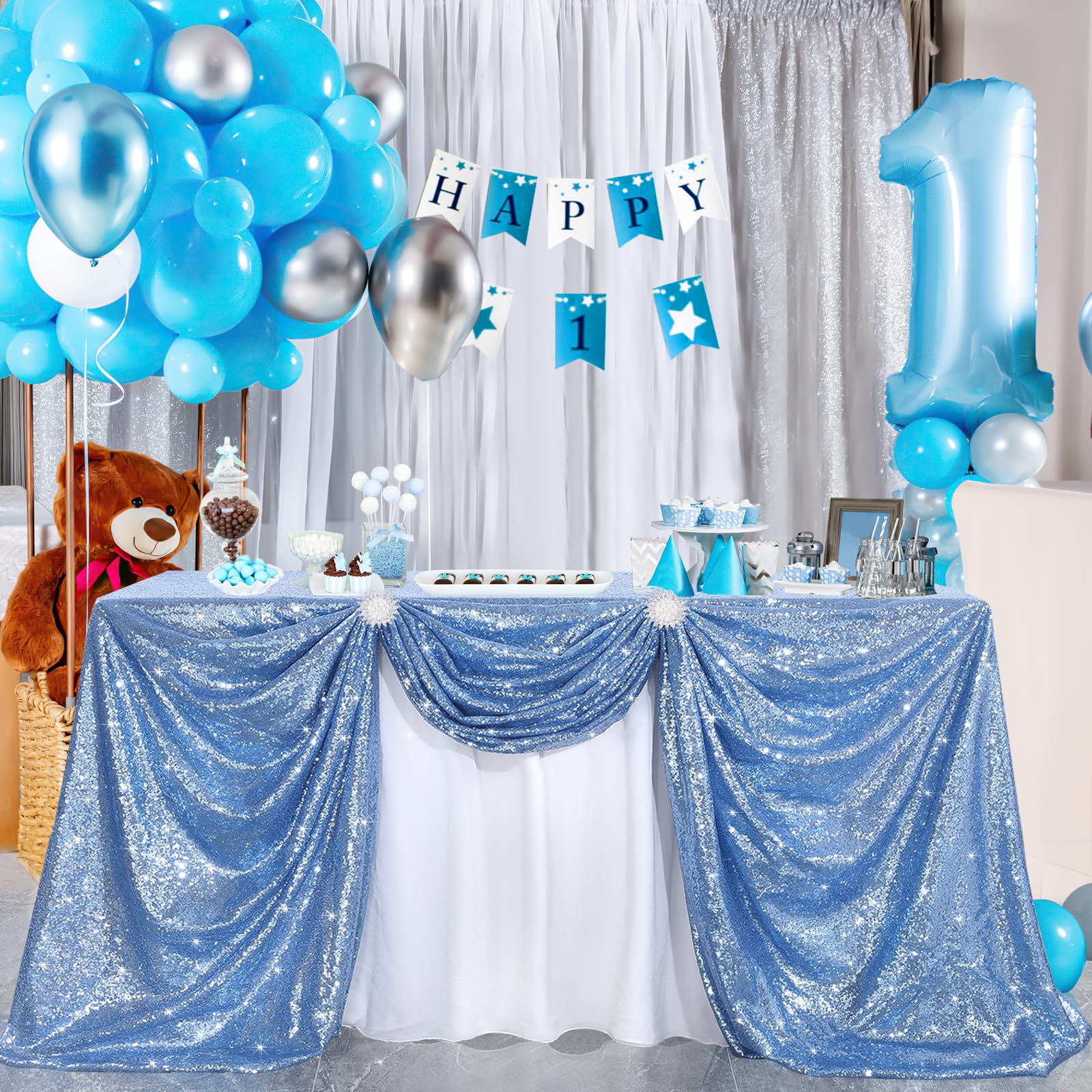 B-COOL Sequin Tablecloth Shimmery Tablecloth Tabletops for Tables Baby Blue Shimmer Table Fabric for Wedding Christmas Birthday 