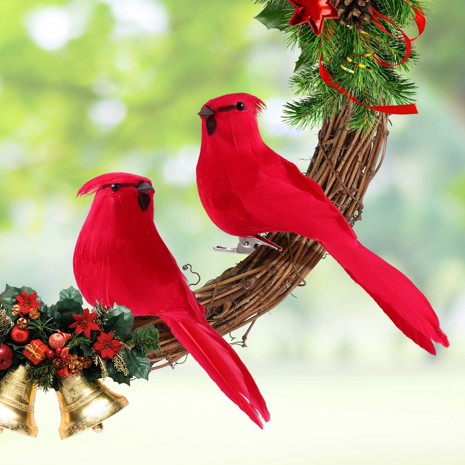 Amosfun 2Pcs Cardinal Christmas Ornaments Decorations for Tree Clip On Realistic Bird Figurines Artificial Feathered Birds Festi