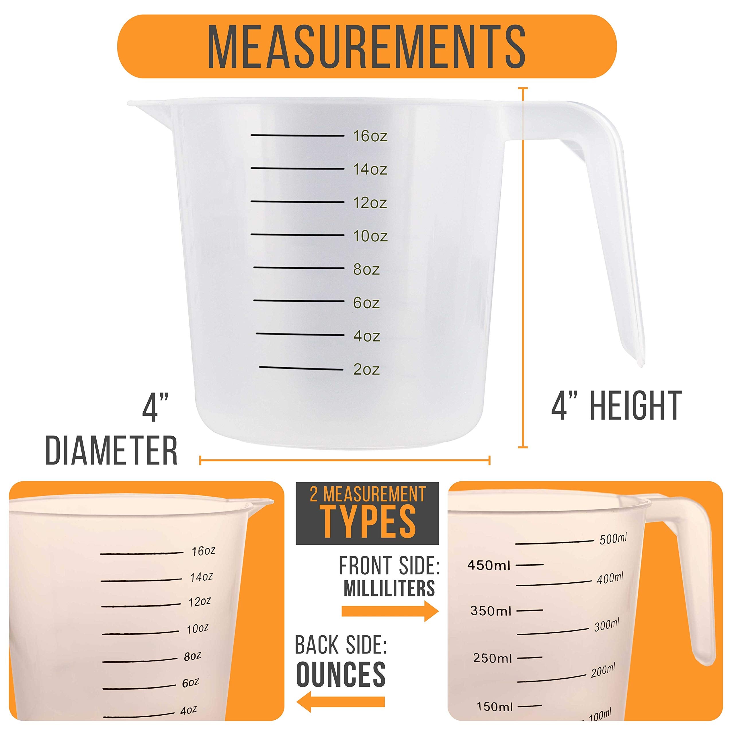 U.S. Kitchen Supply - 16 Oz (500 Ml) Plastic Graduated Measuring Cups With Pitcher Handles (Pack Of 6) - 2 Cup Capacity, Ounce A
