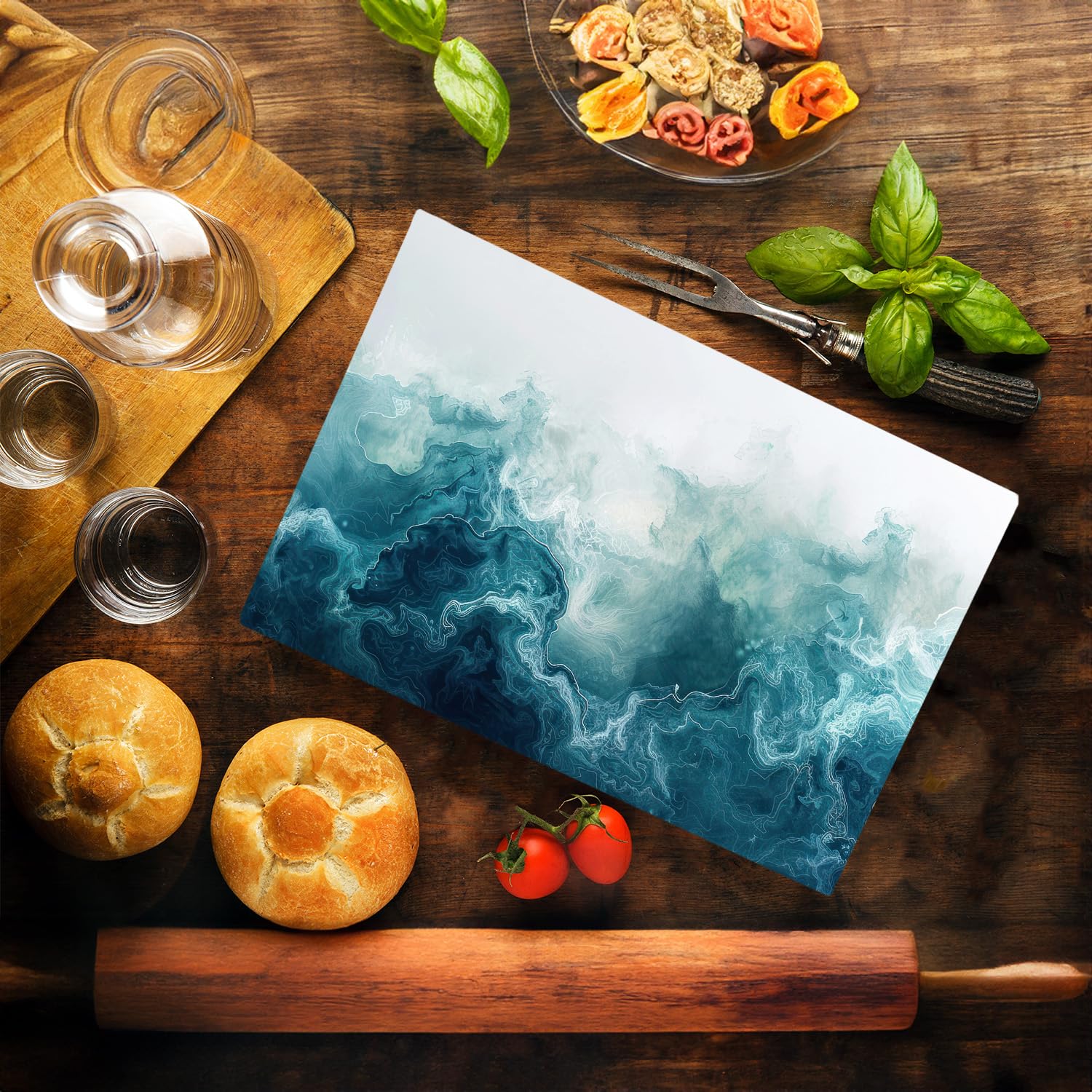 Dark Blue Marble Kitchen Glass Cutting Board Ocean Decorative Gift Marbled Granite Stone Rock Gift For Her Mom Wife (Deep Blue W