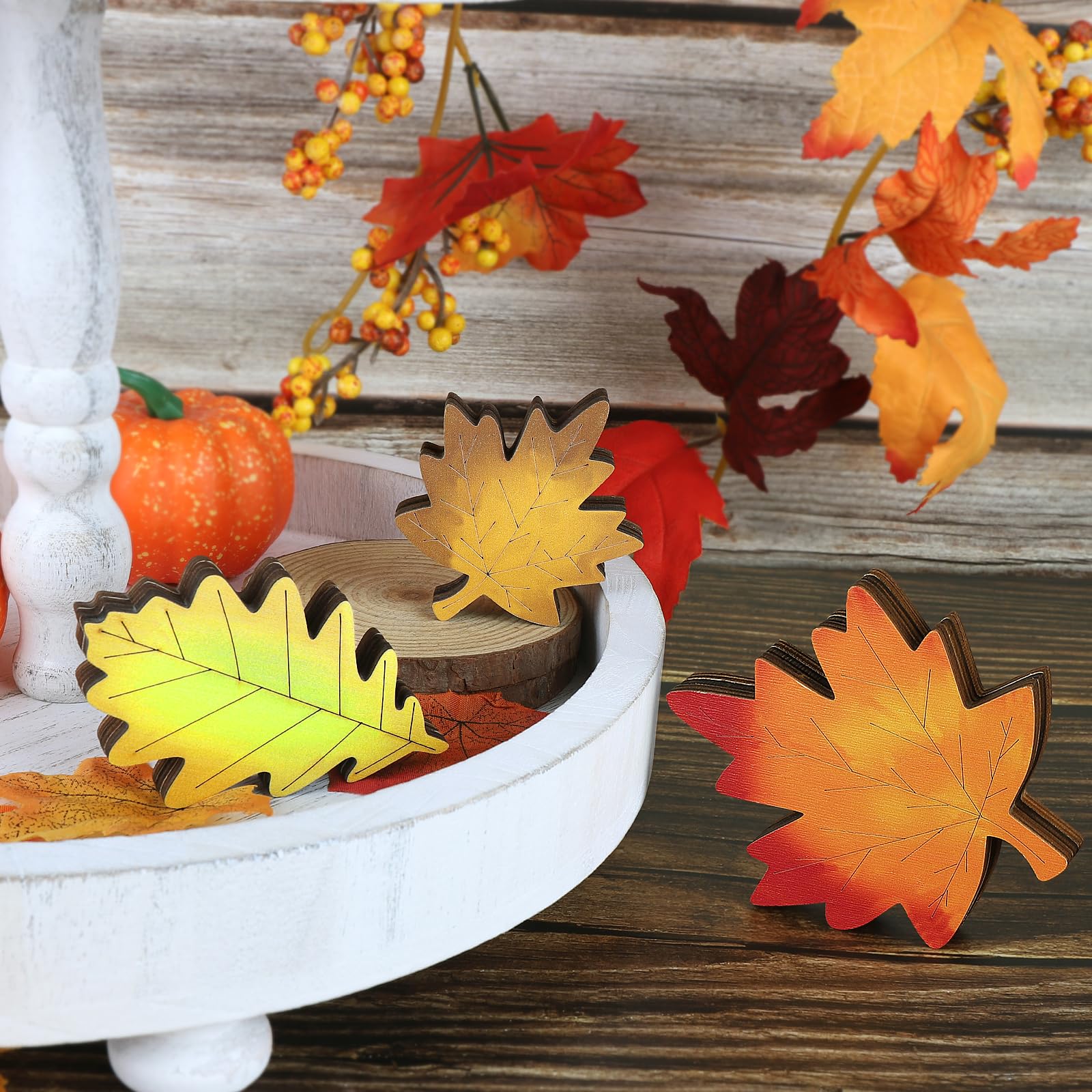 Thanksgiving Decorations for Home - 3 Pcs Fall Rustic Maple & Oak Leaf Wooden Table Decor, Autumn Farmhouse Signs for Mantel, Sh