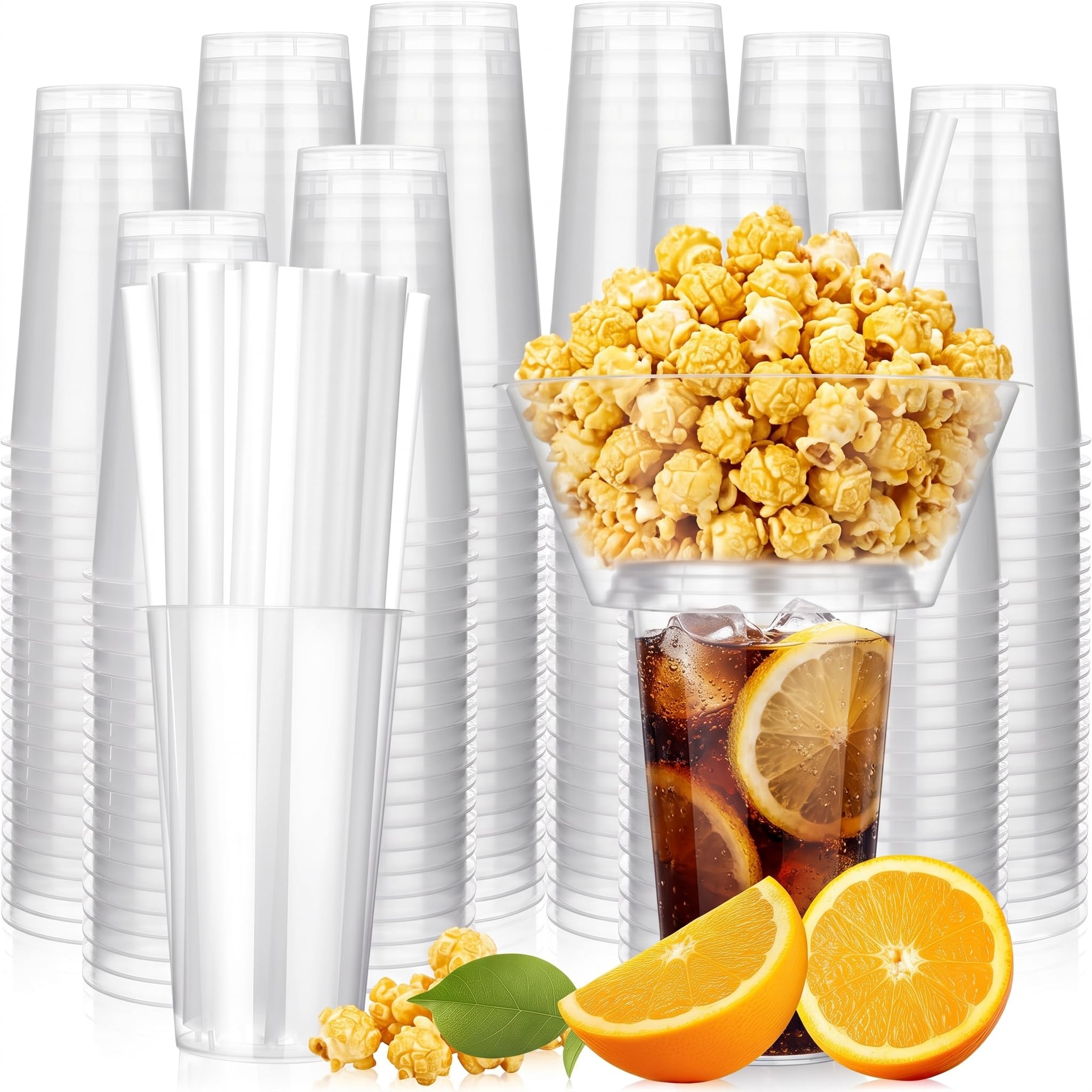 SiliFine 100 Sets 2in1 Snack and Drink Cup with Straws, Plastic Stadium Tumblers with Snack Bowl Lid, Disposable Party Cups fo