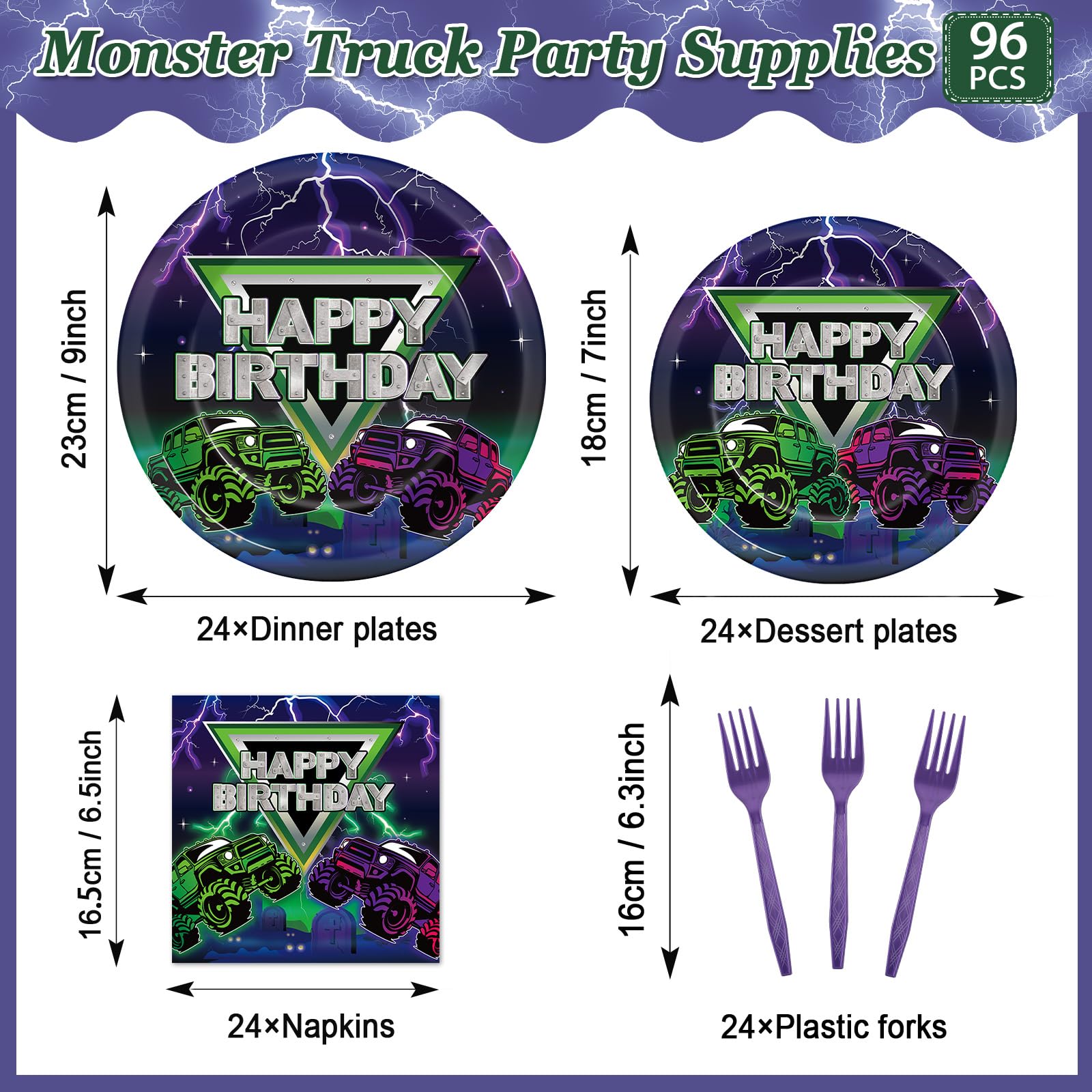 96 Pcs Monster Truck Party Supplies Decorations Truck Happy Birthday Party Plates Green Purple Monster Truck Tableware And Napki