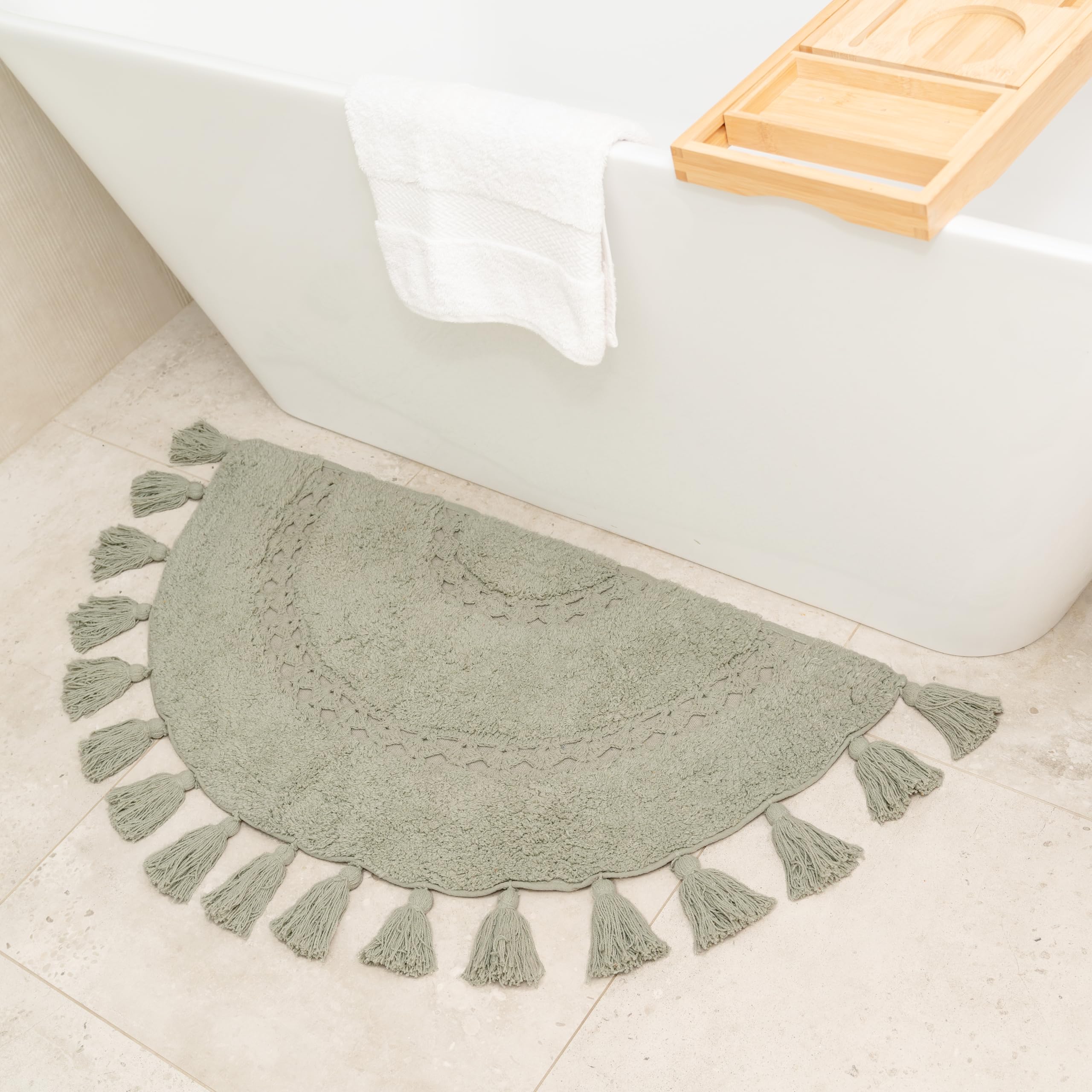 Boho Bathroom Rugs - Half Circle Cotton Mat with Crochet Insert and Tassels - Non-Slip Decorative Bohemian Rug for Bathroom, Bed