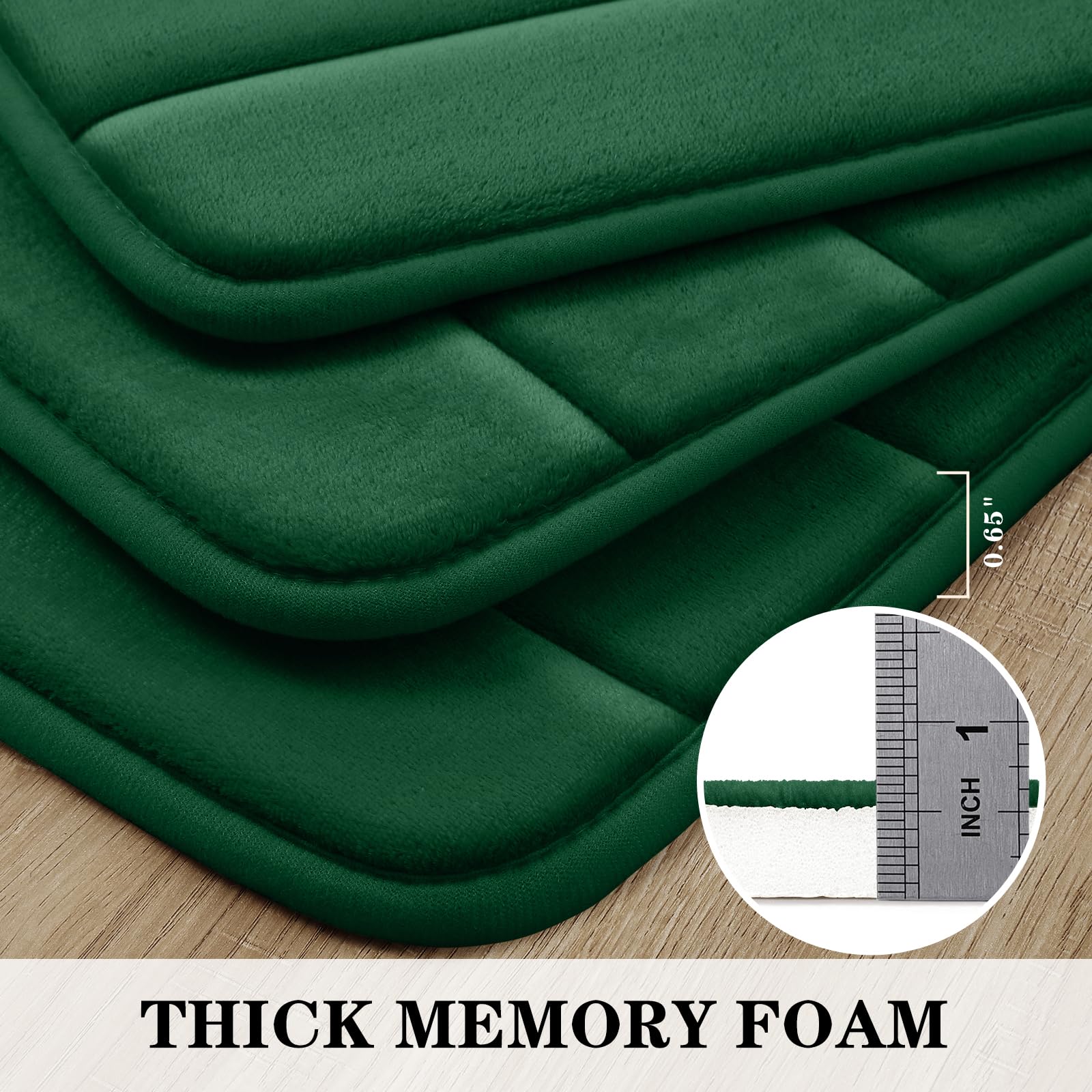 Bysure Dark Green Memory Foam Bathroom Rug Set 3 Piece, Non Slip Extra Soft Absorbent Bath Mats, Machine Washable & Dry Toilet M