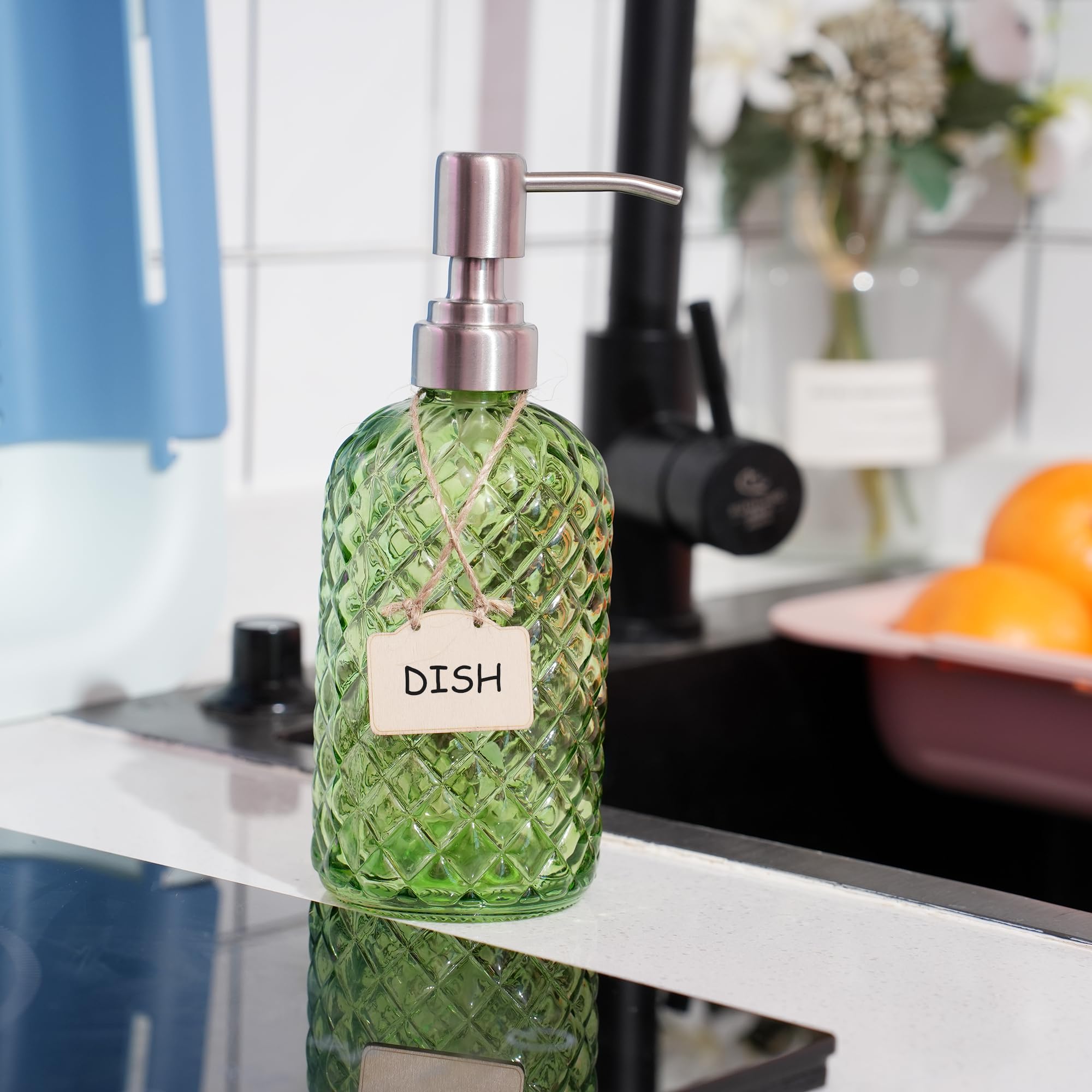 Bathroom & Kitchen Glass Hand And Dish Soap Dispenser With 304 Rustproof Stainless Steel Pump (Green)