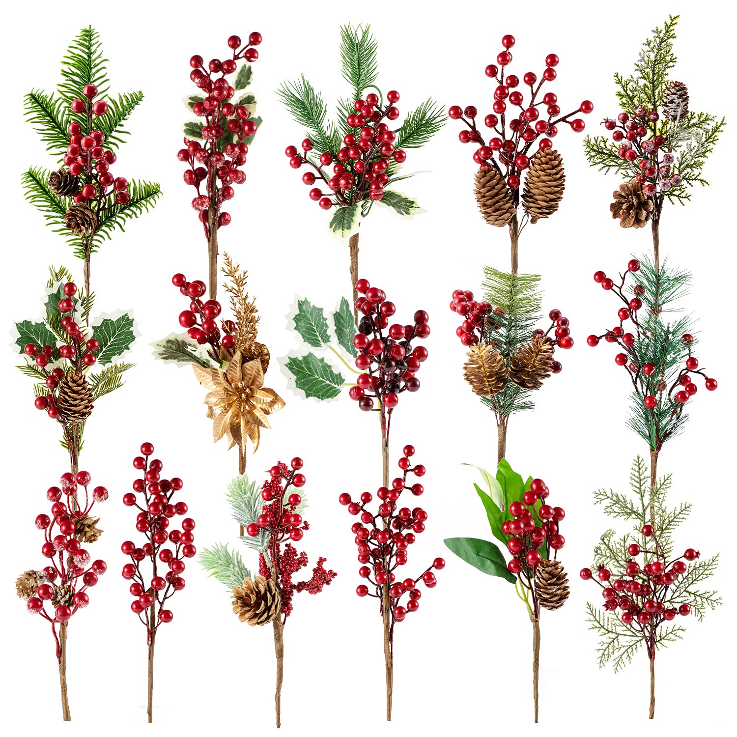Fessary 9-14 Inch Large Red Berry Pine Branches 16 Pack Assorted Pine Berries Branches Flower Pick for Christmas Wreath Festive 