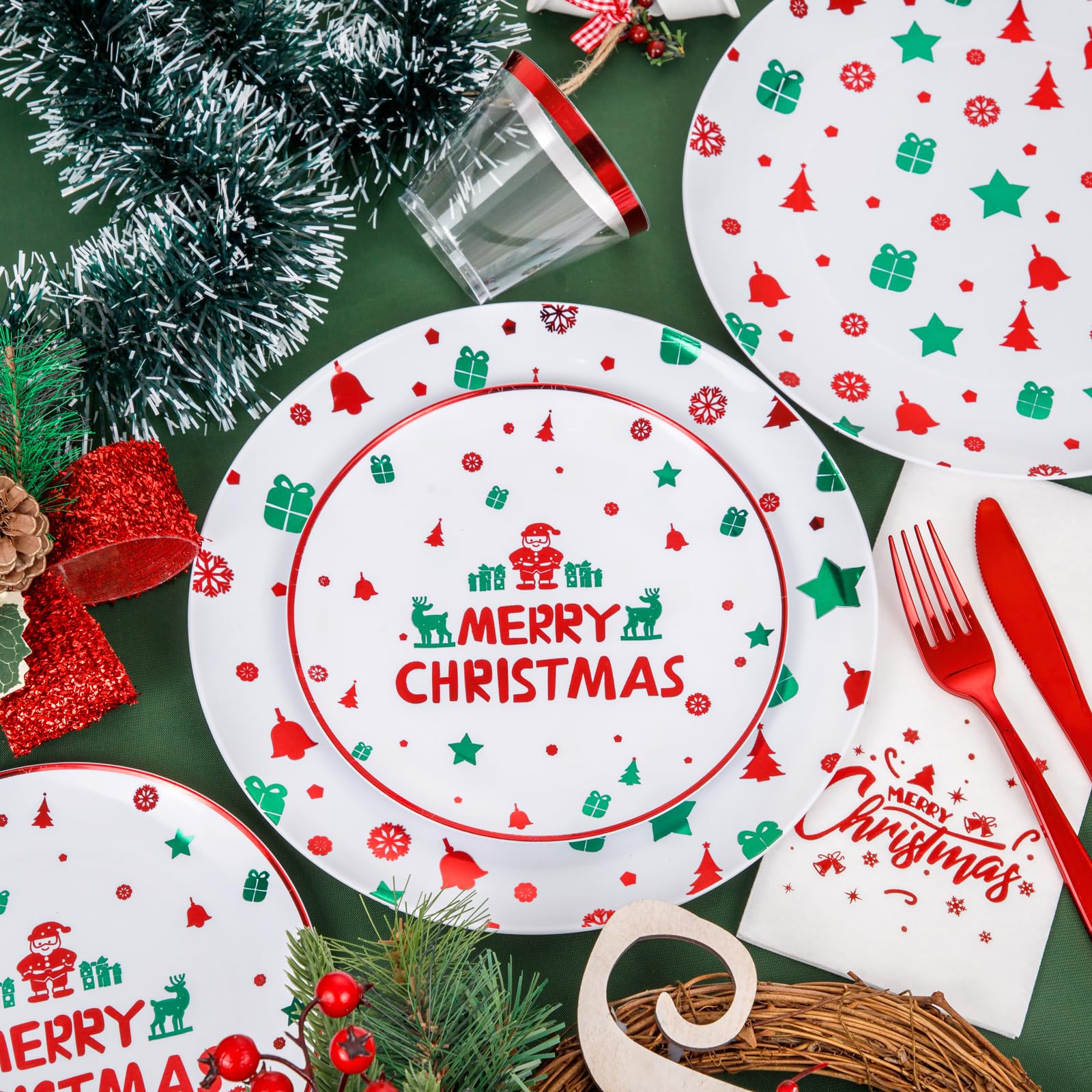 Sut 175 Pcs Christmas Plastic Plates, Christmas Party Plates And Cups And Napkins Sets For 25 Guests,Red Christmas Plates Dispos