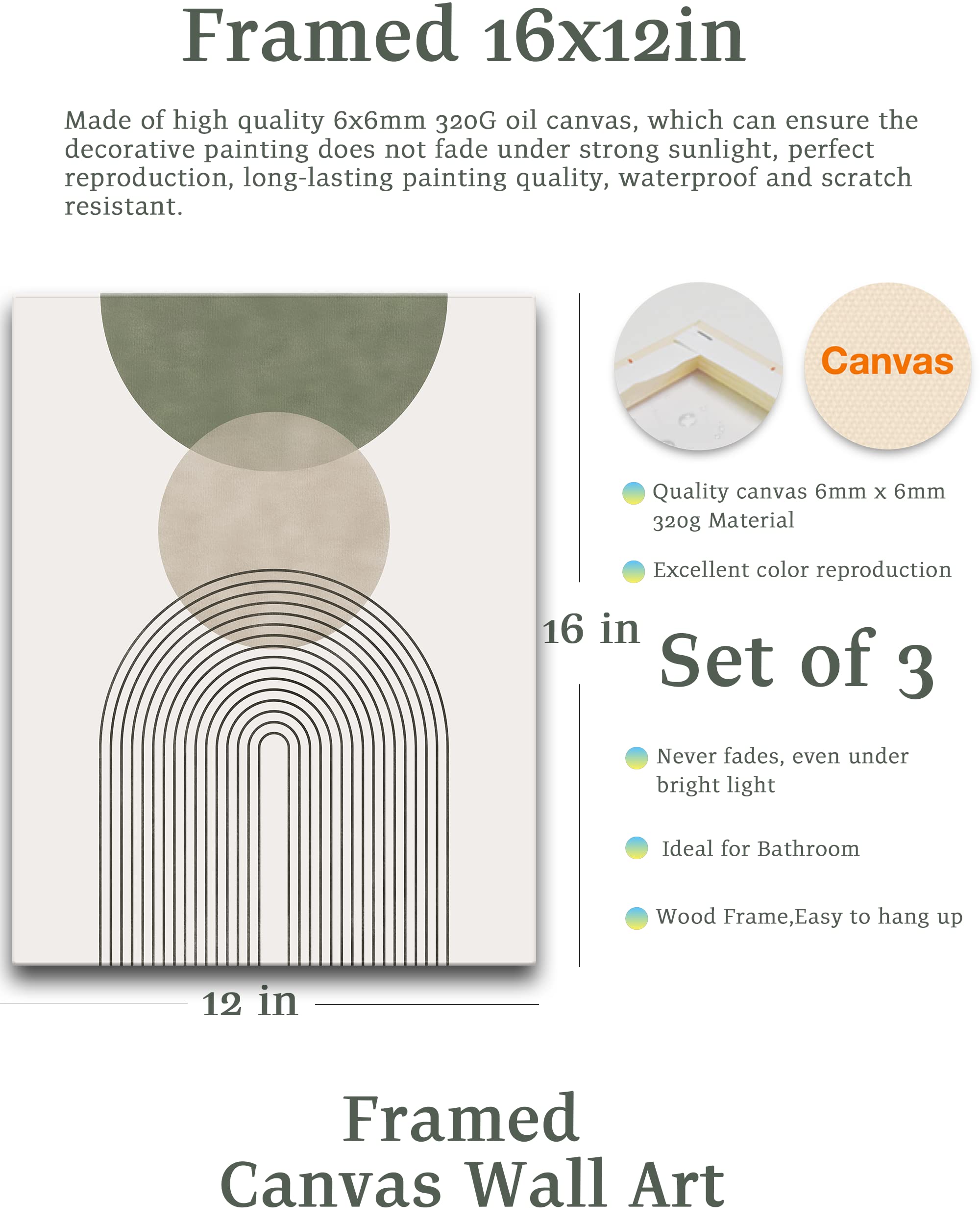 Hesendot Sage Green Boho Wall Art, 12X16In Framed Canvas Bathroom Wall Art Pictures, Mid-Century Modern Wood Framed Abstract Pri