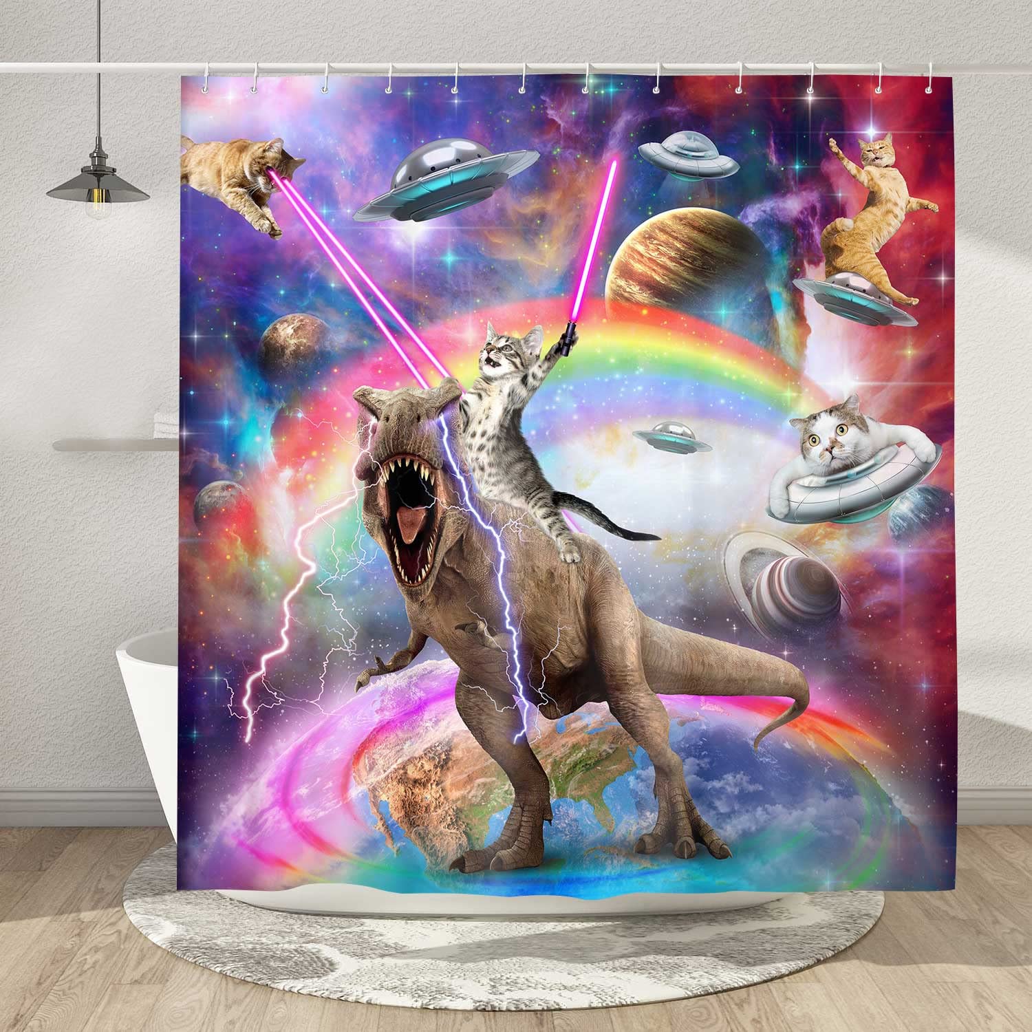 Funny Cat Shower Curtain Boys Kids Bathroom Decor, Cool Cat Riding Dinosaur On Fantasy Galaxy Hilarious Shower Curtain, Funky Ou