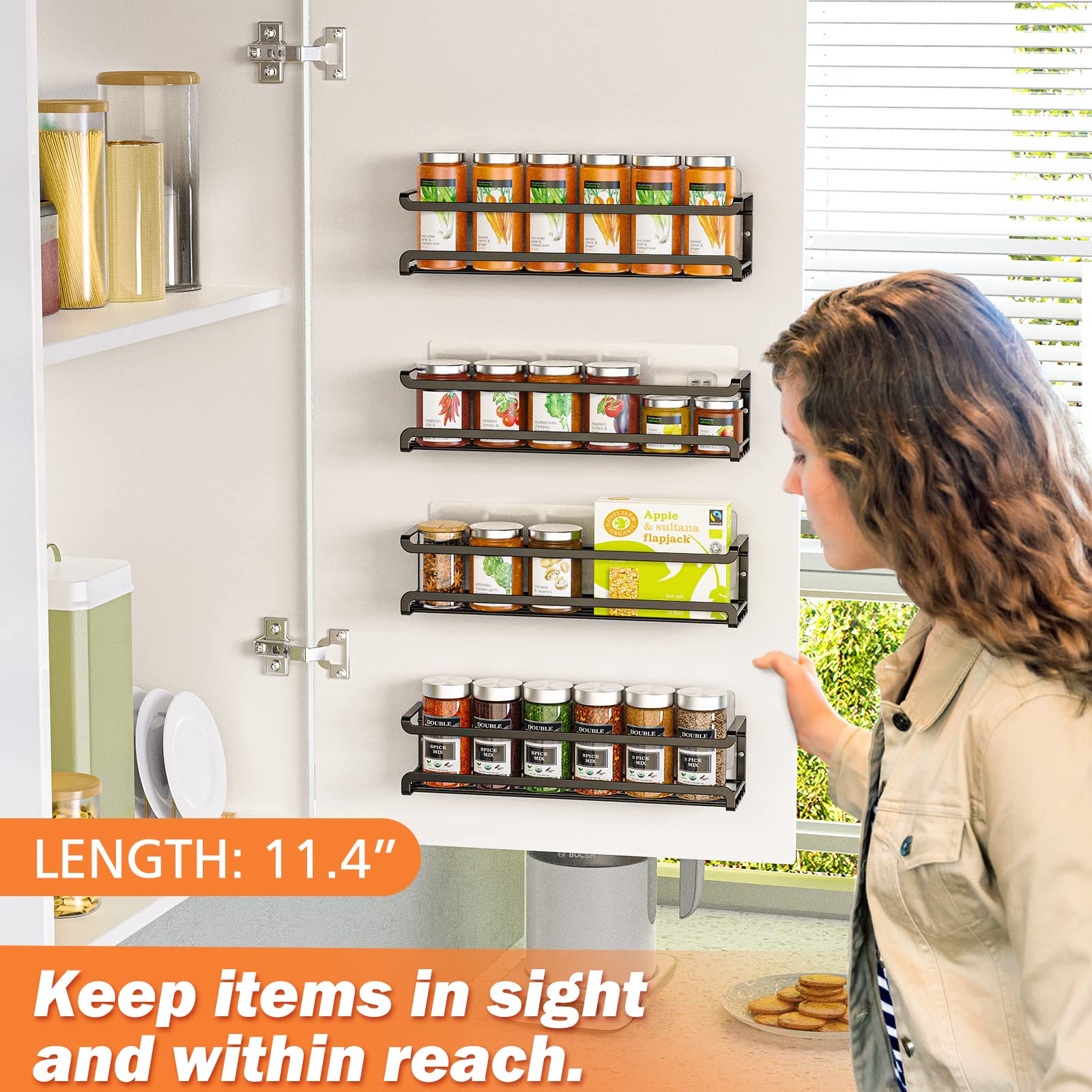 Bunoxea Spice Rack wall mounted 4 Pack, Space-Saving Spice Organizer for Spice Jars and Seasonings,Screw or Adhesive Hanging Spi