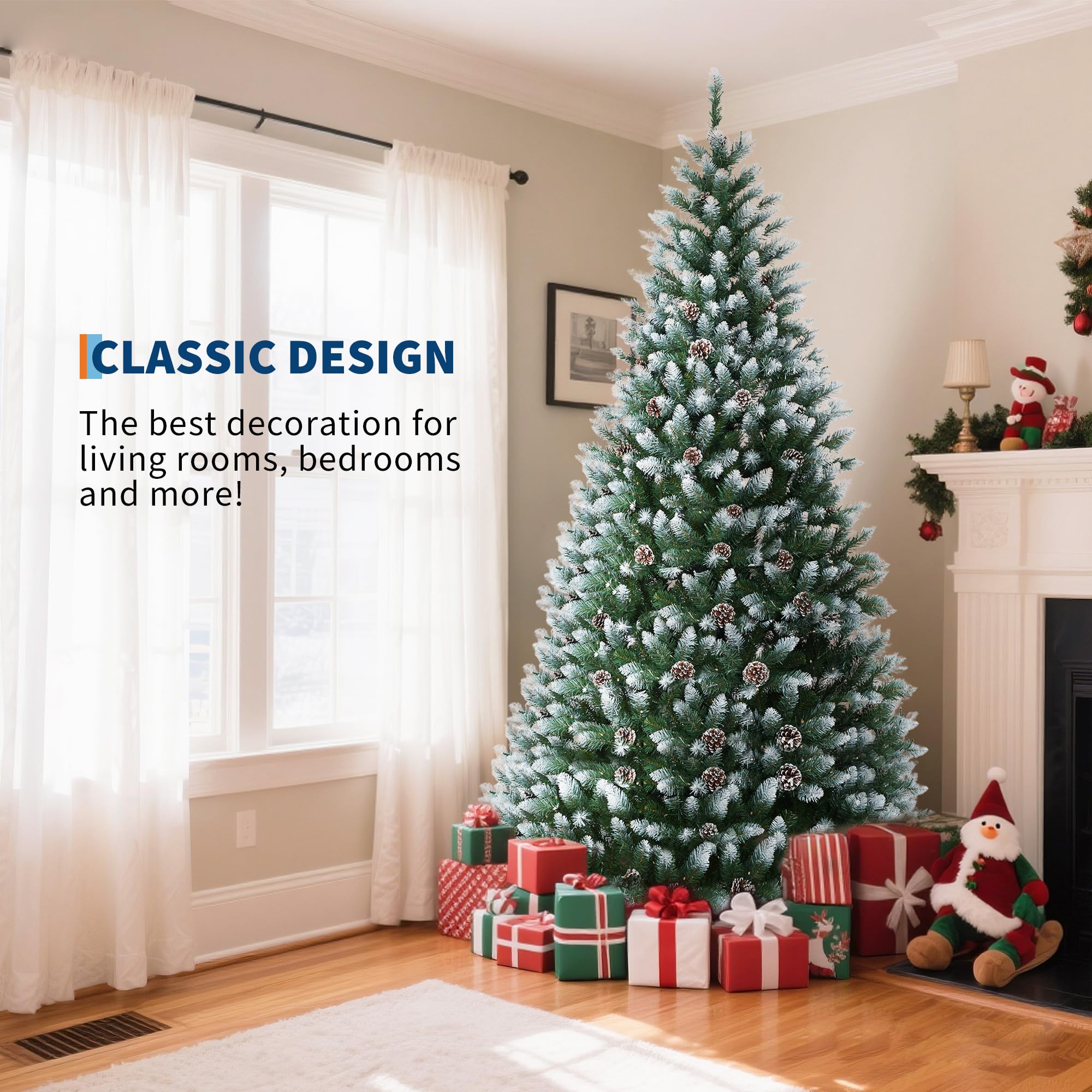 9FT Pre-Lit Artificial Christmas Tree,Christmas Pine Tree with Pine Cones,900 LEDs & 1738 Tips - Hinged Stand PVC Holiday Trees
