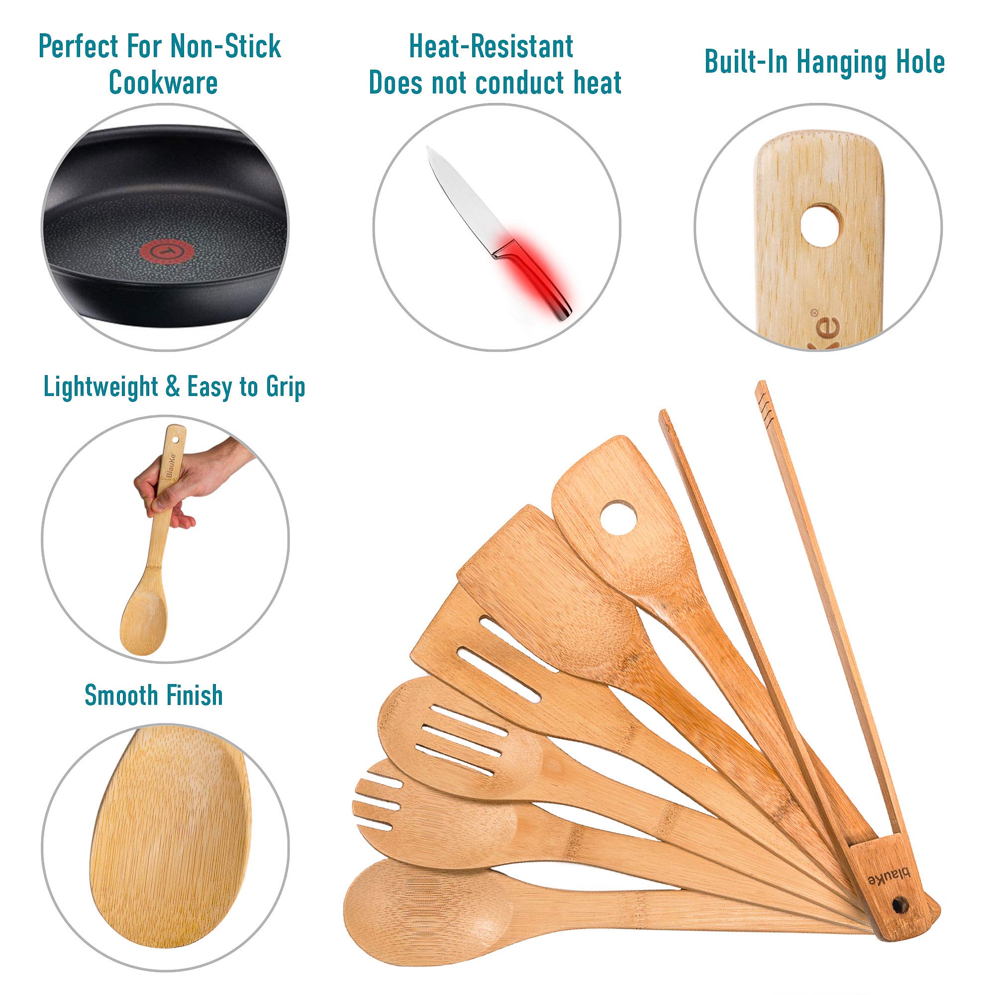 Wooden Spoons for Cooking 7-Pack - Bamboo Kitchen Utensils Set for Nonstick Cookware - Wooden Cooking Utensils Set  Wood Spatula Spoon Tongs