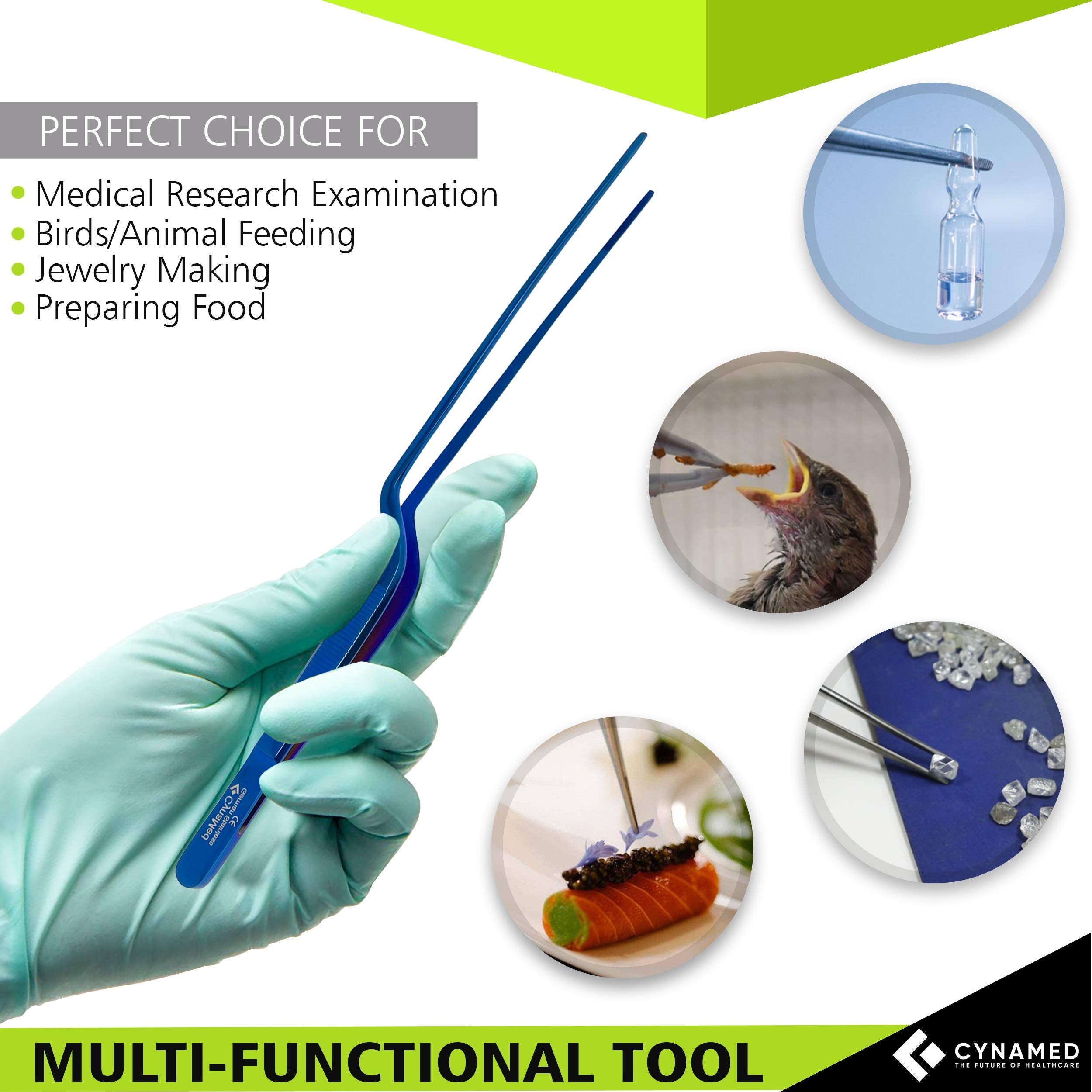 Cynamed 10    Kitchen Premium Tongs Tweezers Stainless Steel, Long With Precision Serrated Tips (Blue, Bayonet)