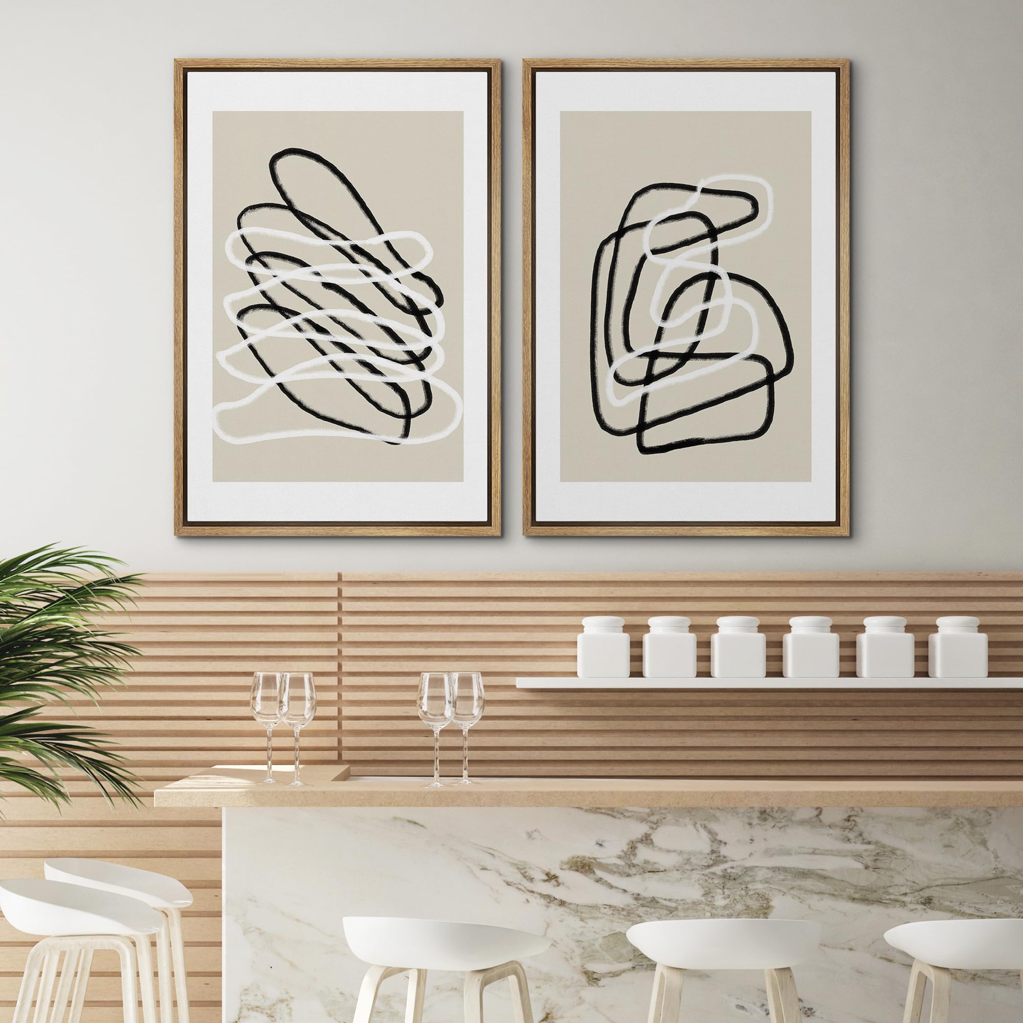 Signwin Framed Wall Art Print Set Black And White Lines Tangled Tan Background Abstract Swirly Cozy Neutral Modern Art Mid-Centu