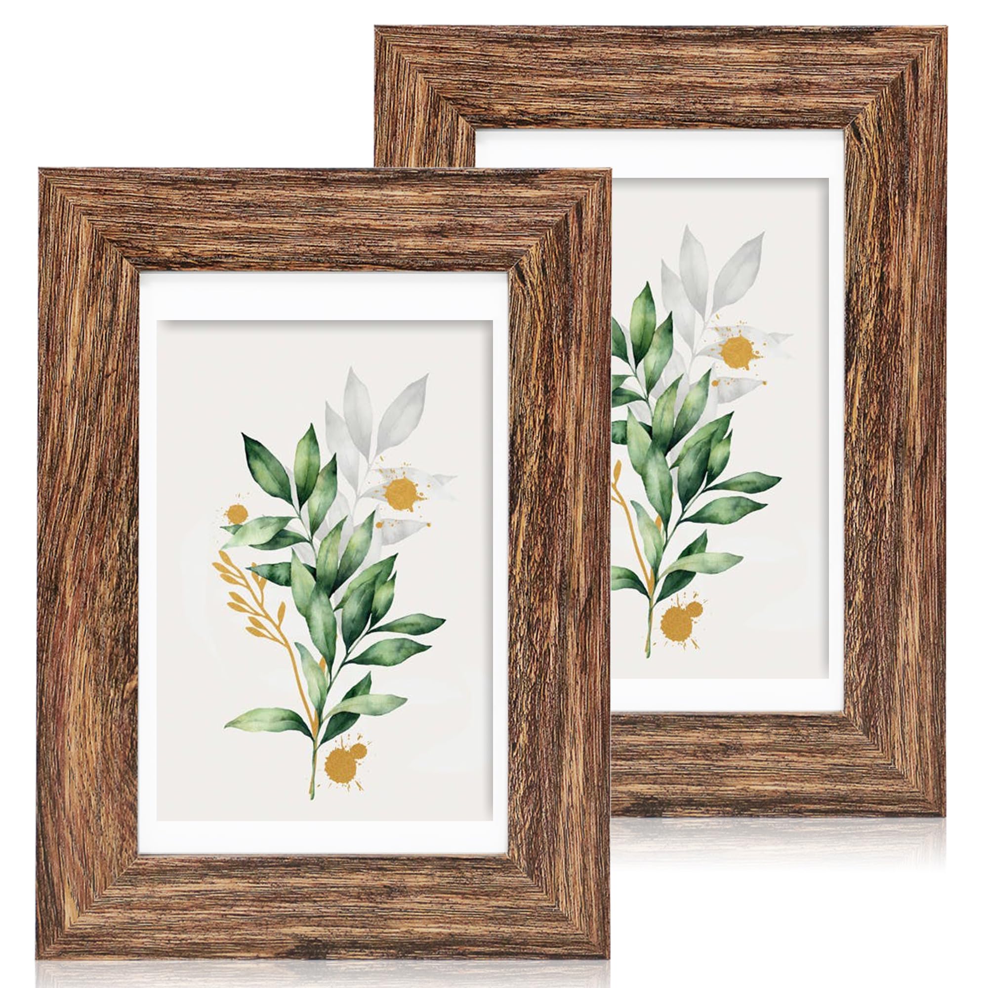 Hongkee 5x7 Picture Frame Set of 2, Made of Real Glass and Rustic Brown Wooden Frame - Display Pictures 4x6 with Mat or 5x7 With