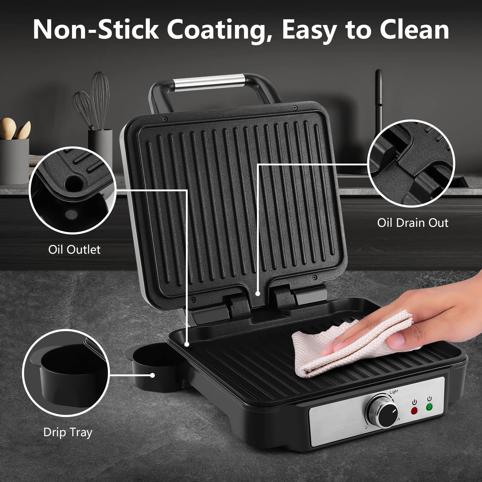 Monxook Panini Press Sandwich Maker, 4 Slices Panini Grill Non-Stick Coated Plates, Panini Makers With Temperature Control, Open