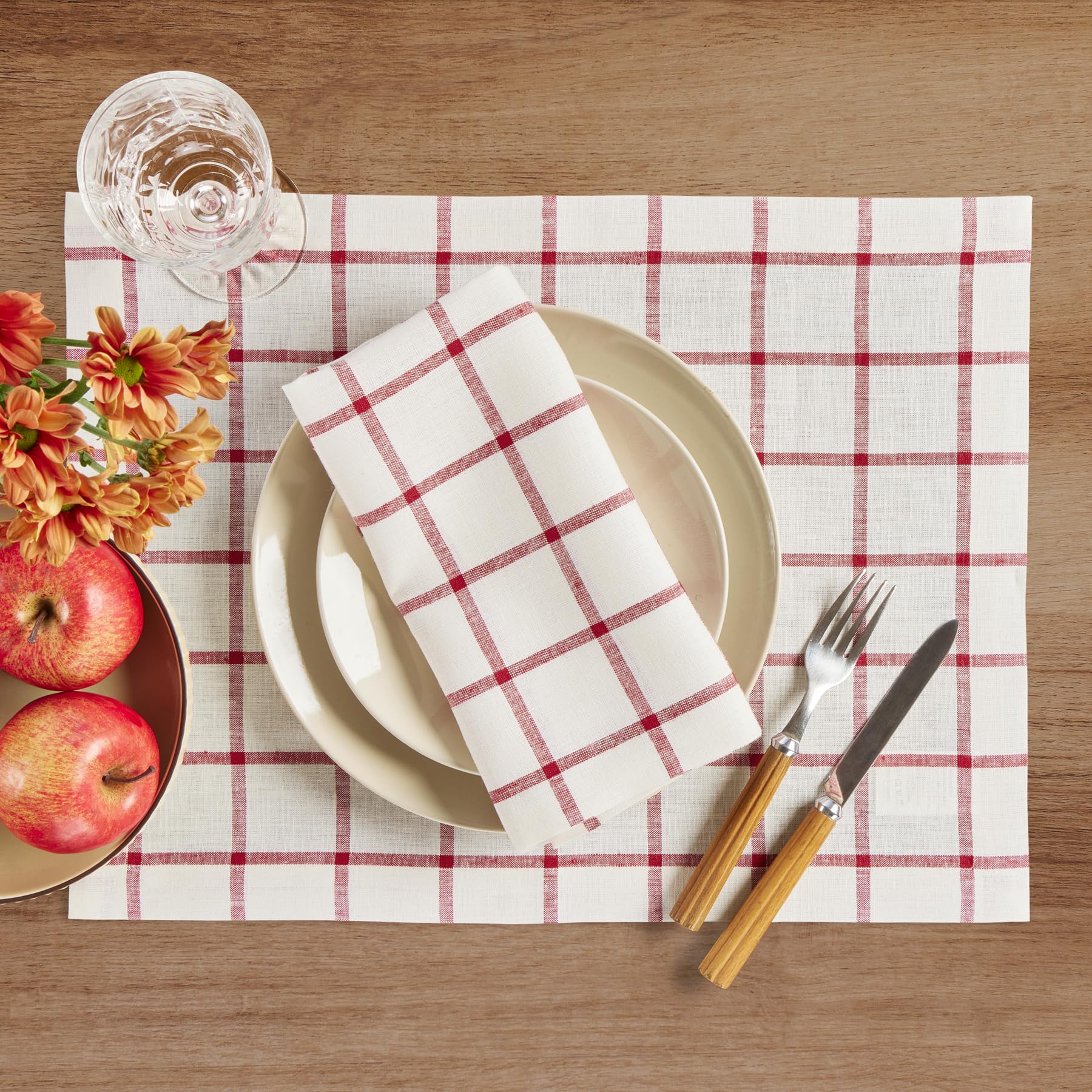 Solino Home Plaid Linen Cloth Napkins Set Of 4-100% Pure Linen Tofu And Red Check Dinner Napkins 20 X 20 Inch - Handcrafted And
