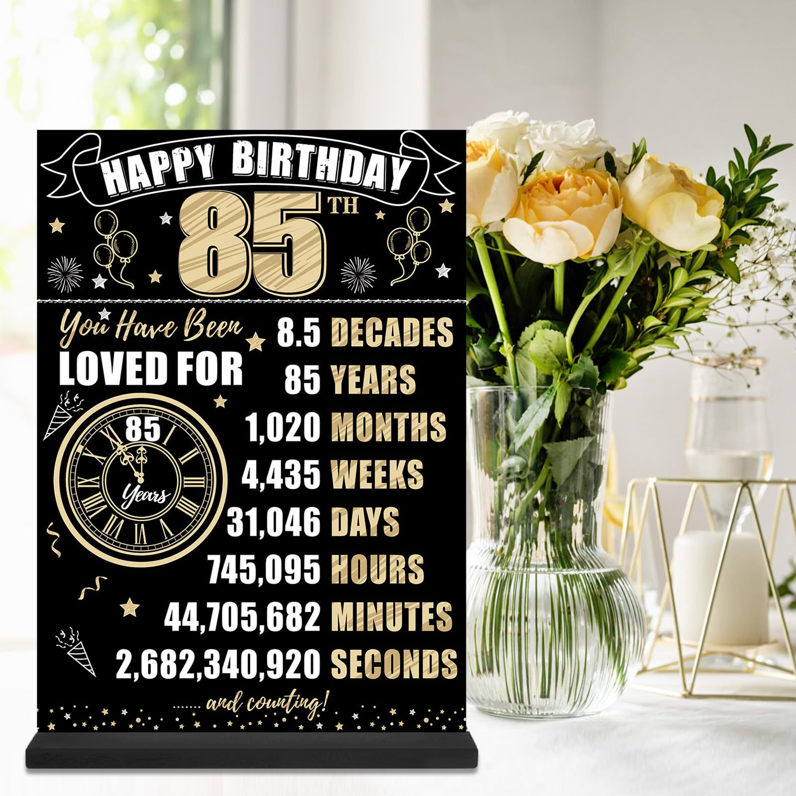 85Th Birthday Decorations Back In 1939 Table Sign For Men Women, Black Gold Happy 85 Bday Two-Sided Wooden Table Poster With Sta