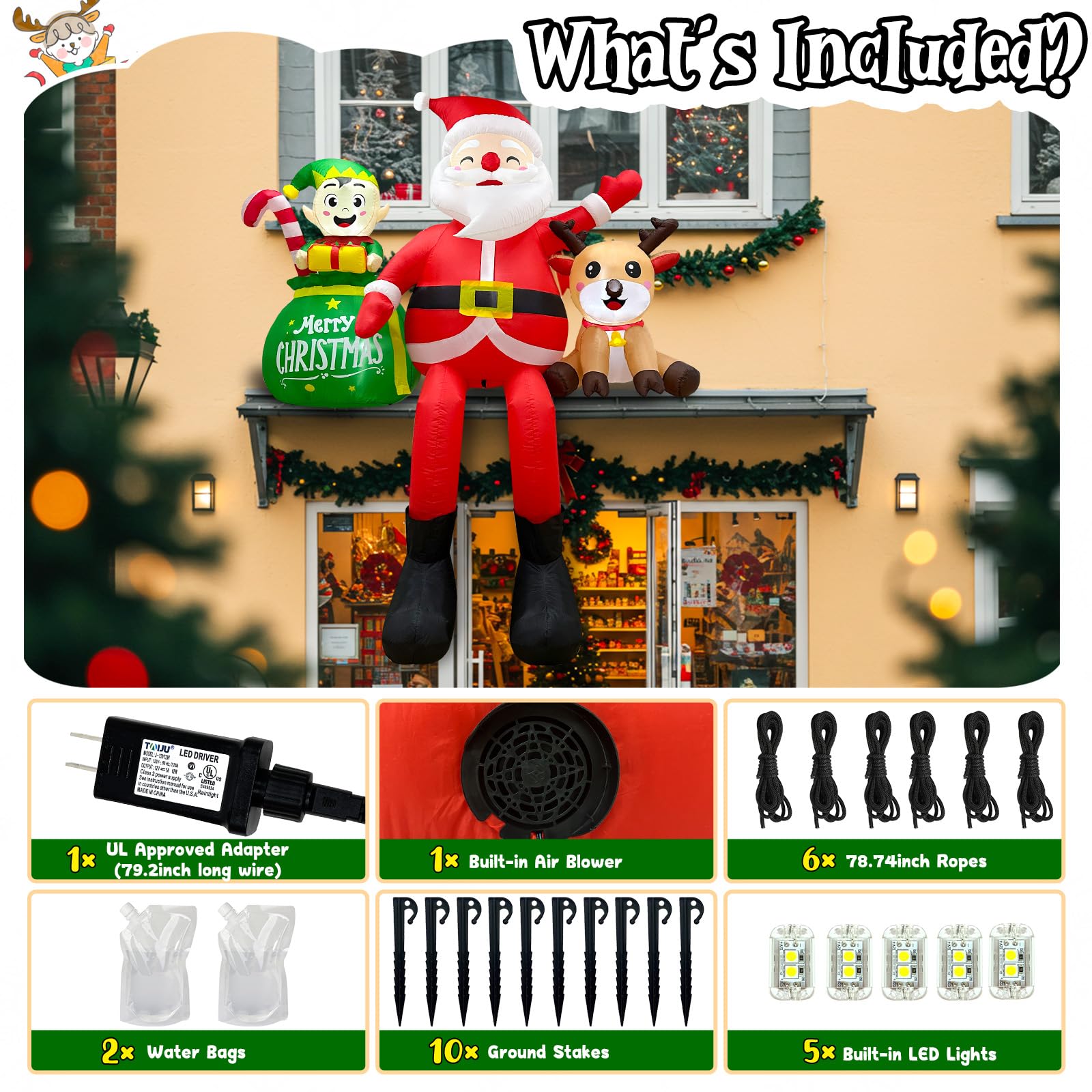 Fayavoo 8FT Christmas Inflatables Outdoor Decorations, Climbing Santa Claus Inflatable Xmas Decor with Elf & Reindeer Built-in L