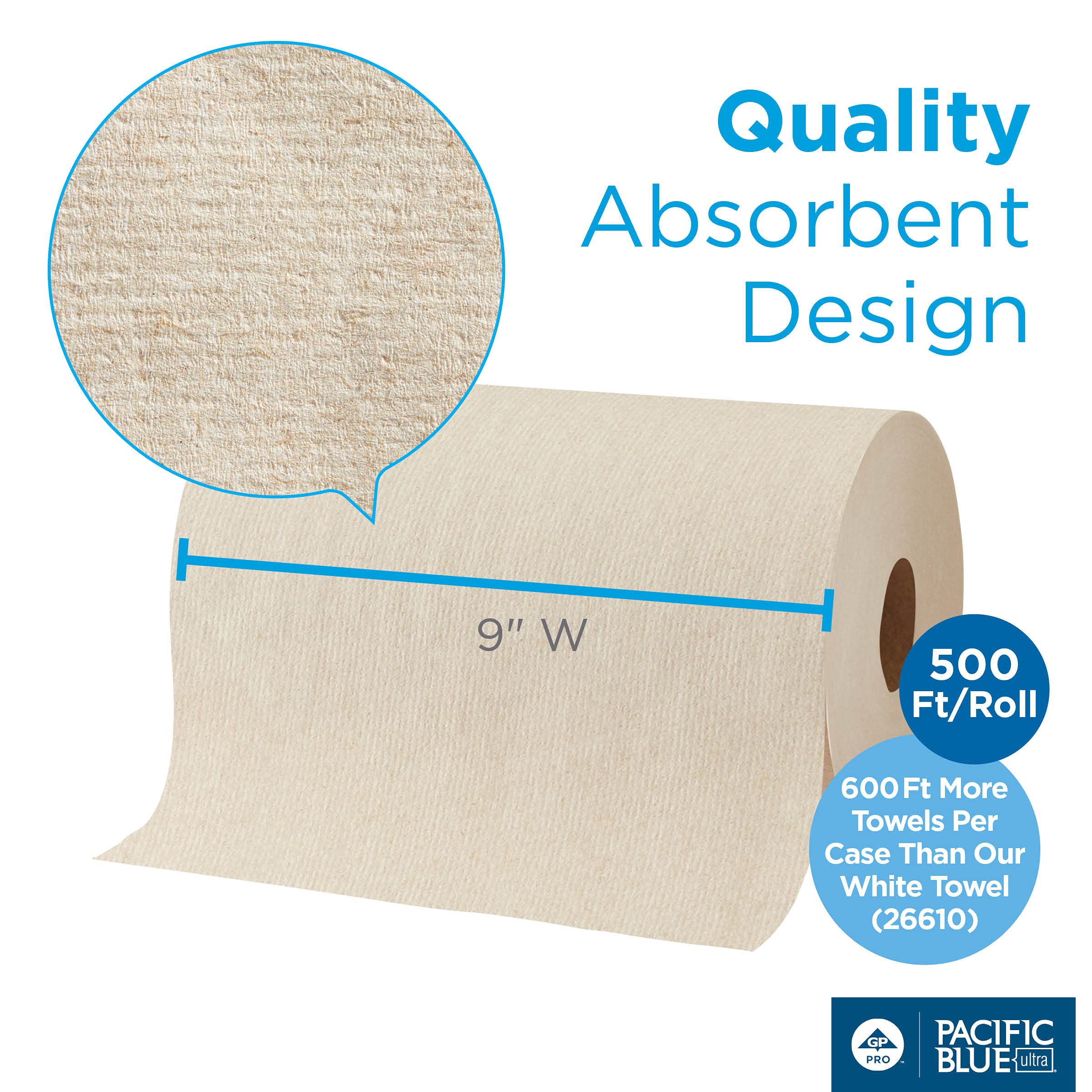 Pacific Blue Ultra 9  Paper Towel Roll By Gp Pro (Georgia-Pacific), Brown, 26611, 500 Feet Per Roll, 6 Rolls Per Case