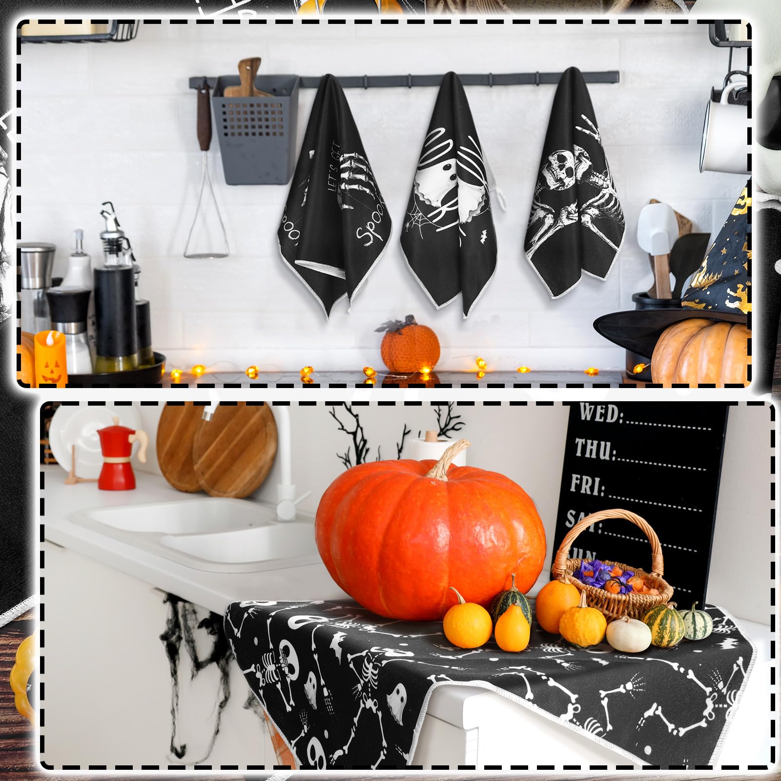 Bencailor 6 Pcs Spooky Christmas Kitchen Towels Skull Ghost Boo Gothic Christmas Dish Hand Towels Skeleton Tea Washcloth for Hor