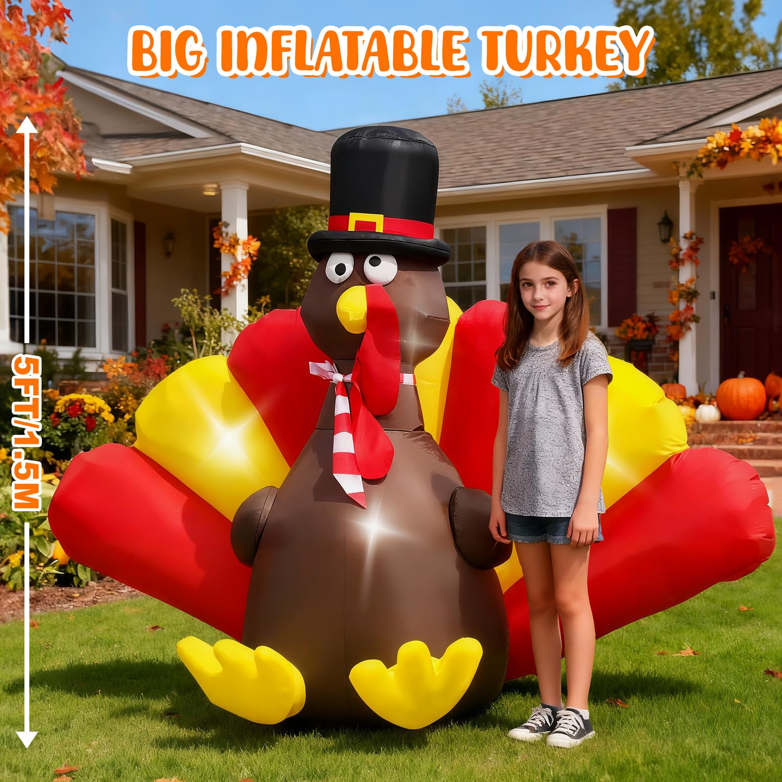 Thanksgiving Inflatables Turkey Outdoor, 5 FT Thanksgiving Blow Up Turkeys with LED Lights Built-in for Holiday, Party, Yard, La