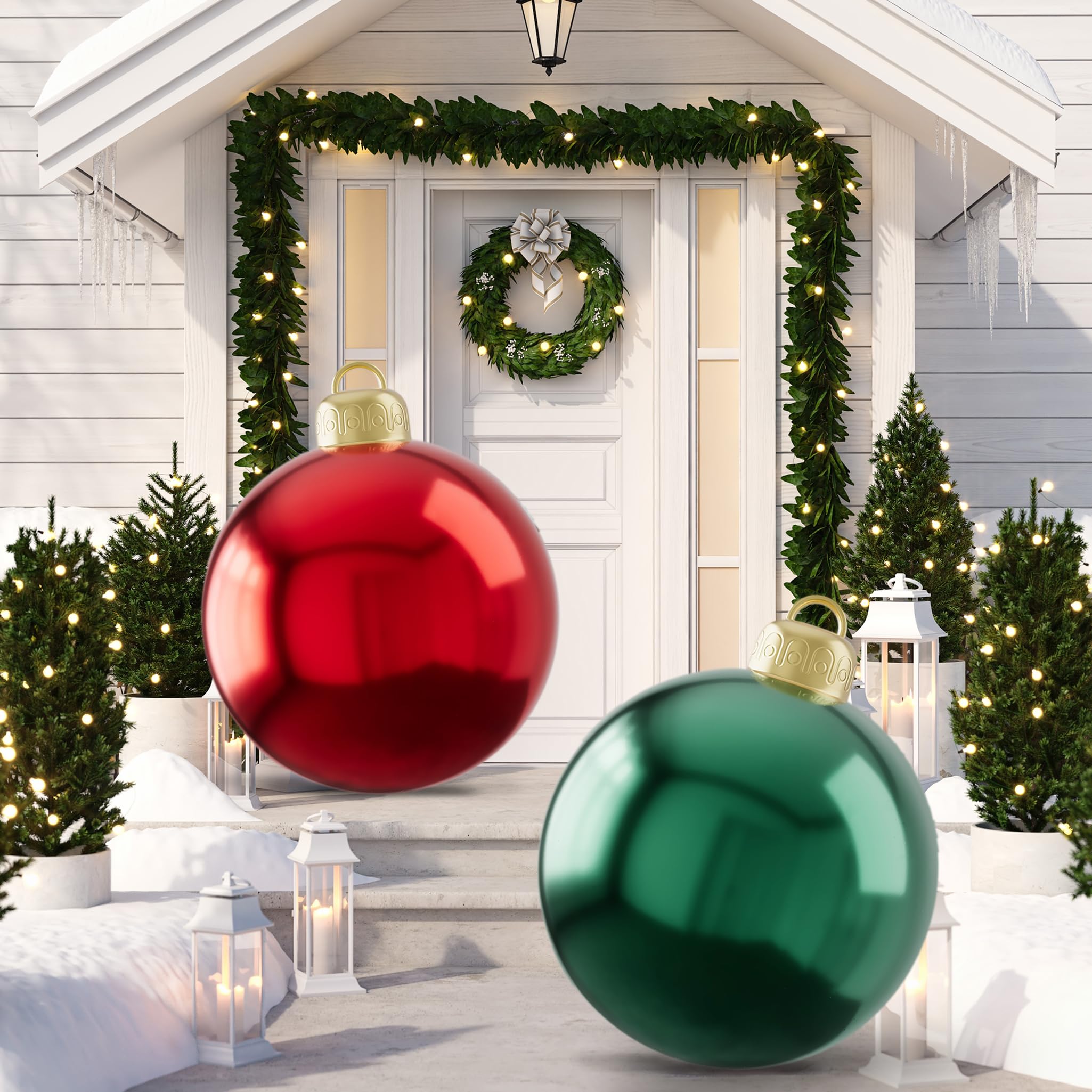 2Pcs 24 Inch Christmas Inflatable Balls Outdoor Giant Christmas Balls, Large Outdoor Christmas Ornaments Ball Xmas Hangable Blow