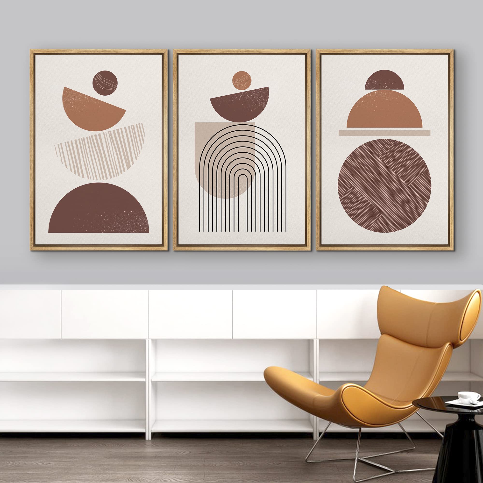 Idea4Wall Framed Canvas Print Wall Art Set Mid-Century Brown Pastel Geometric Polygons Abstract Shapes Illustrations Bohemian De