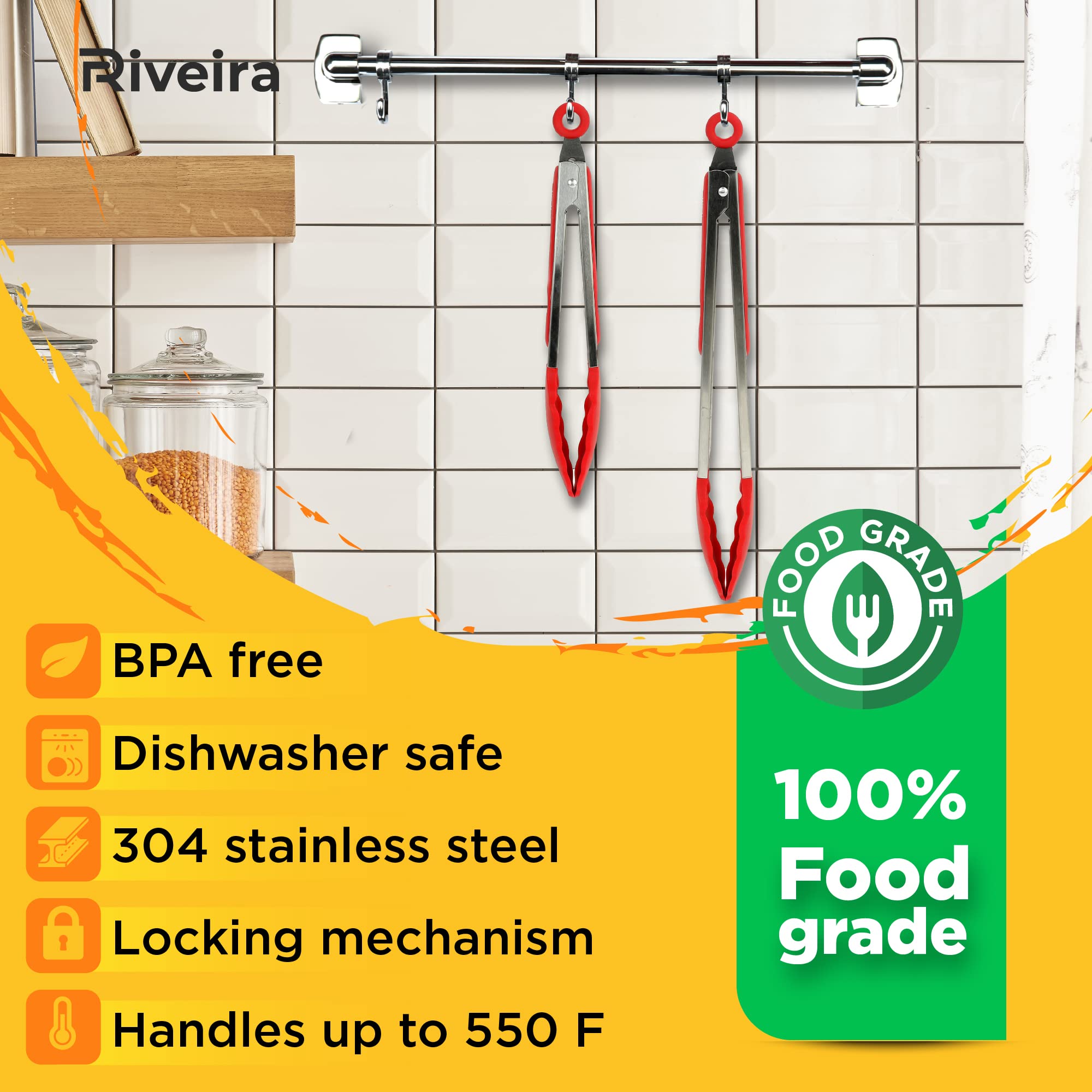 Riveira Red Tongs For Cooking With Silicone Tips | 9 And 12-Inch Pieces | Non-Stick Kitchen Grill Tongs | Bbq Tongs For Grill |