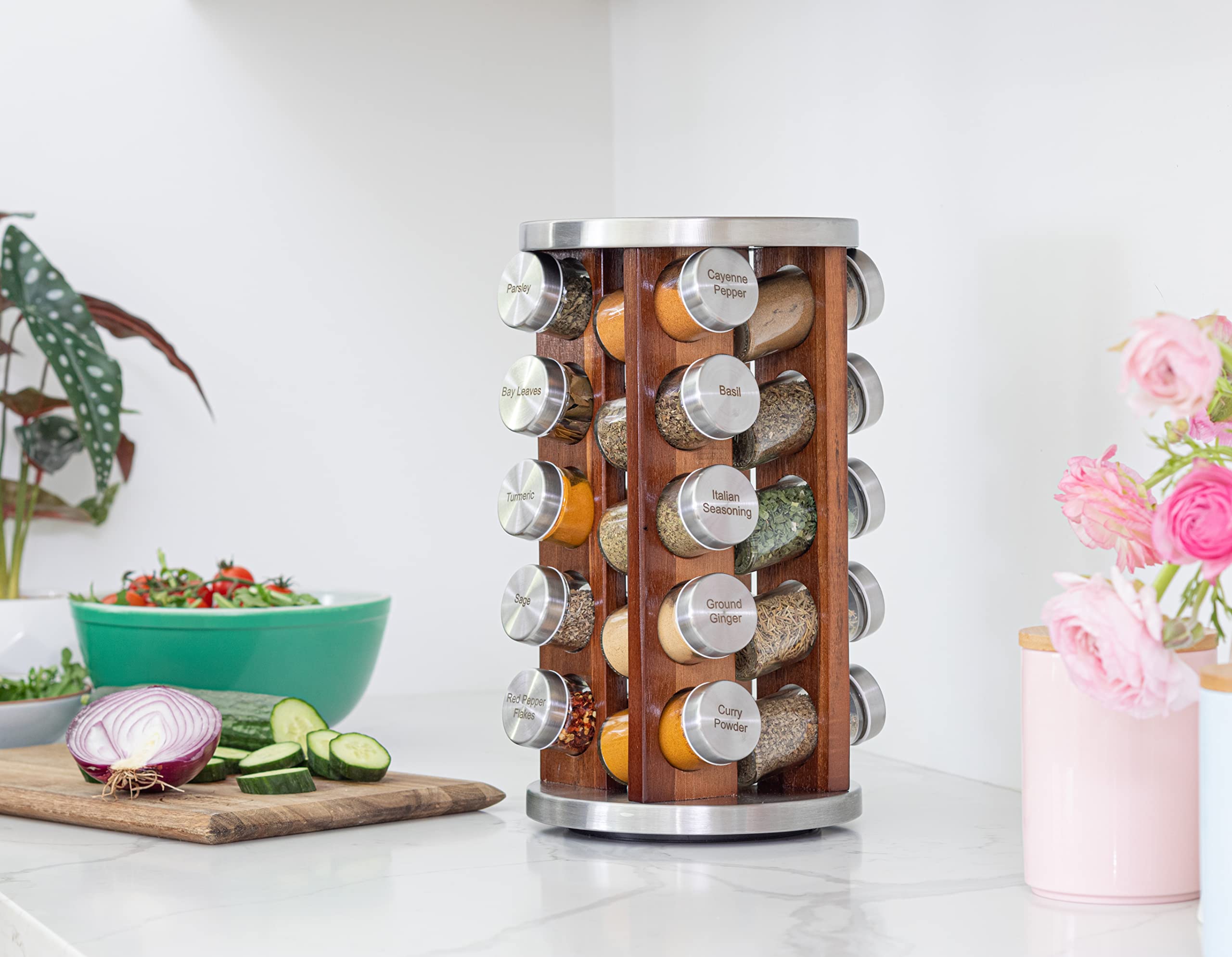 Orii 20 Jar Dark Acacia Wood Spice Rack With Spices Included - Rotating Tower Organizer For Kitchen Spices And Seasonings, Free