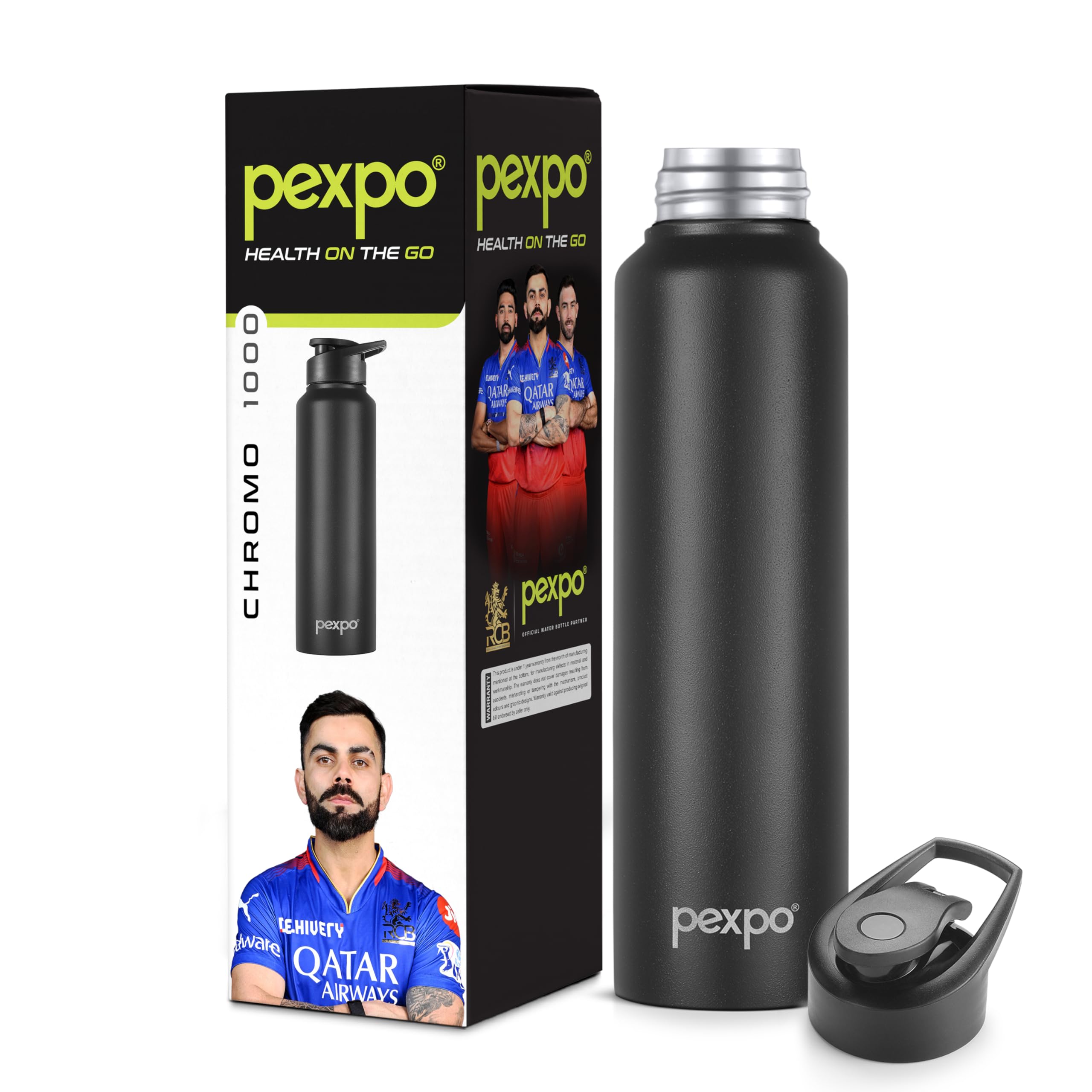 Pexpo Chromo Pro Stainless Steel Sports/Fridge Sipper Water Bottle 1000Ml, Knight Black | Eco Friendly | Water Bottle For Office