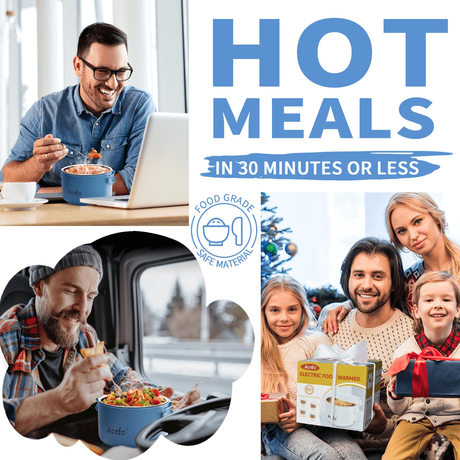 Aotto Electric Lunch Box, 32 oz Portable Food Warmer Heater, Lunch Warmer Portable for Work/Office/Car/Travel 12V/24V/110V 3-in-