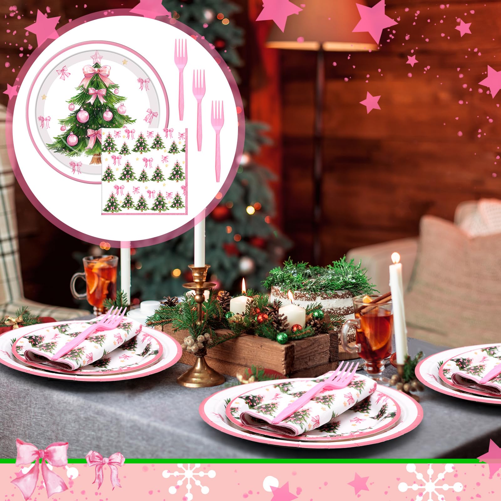 Havawish 96 Pcs Pink Christmas Tree Paper Plates and Napkins Pink Bow Christmas Party Supply Winter Baby Shower Party Decoration