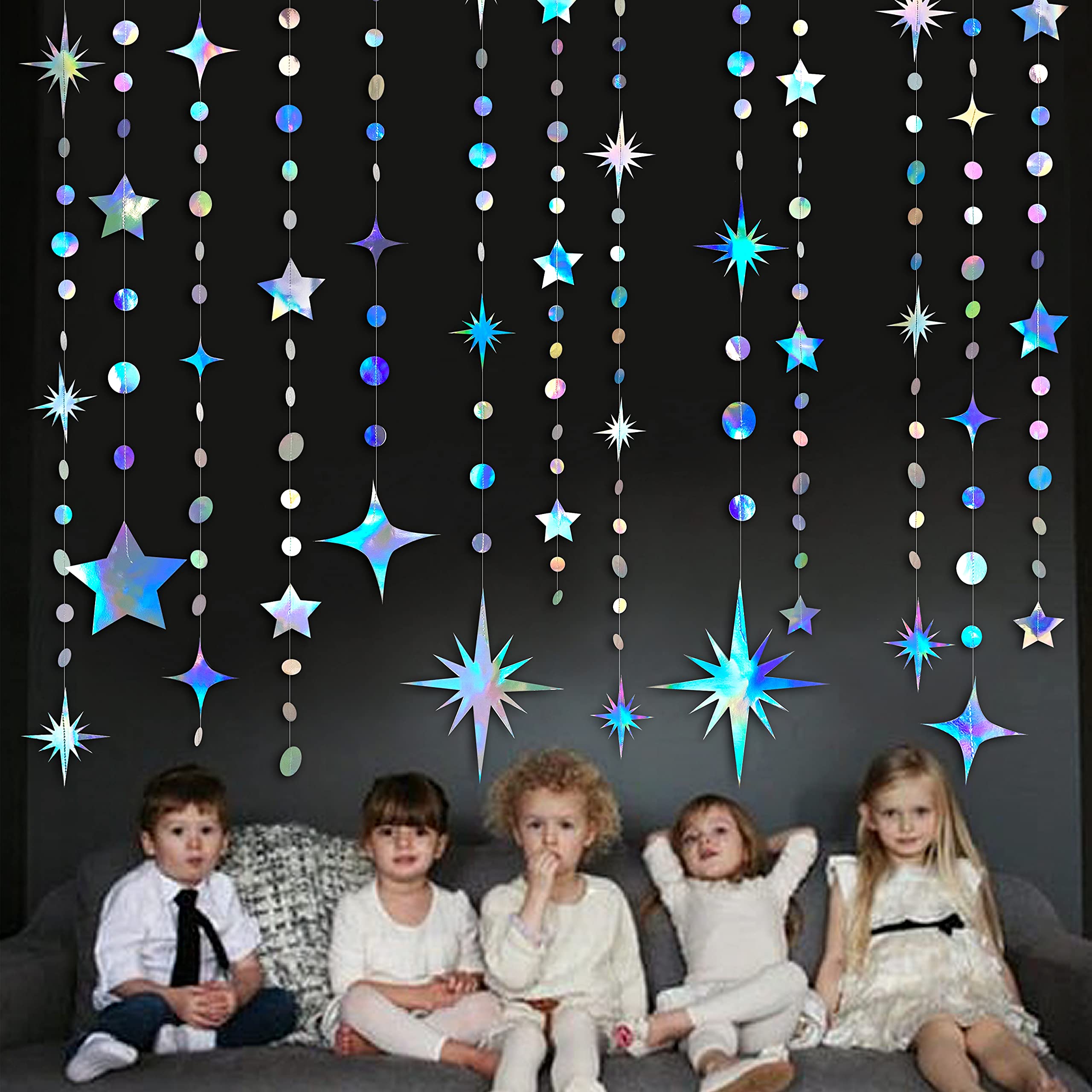 Iridescent Party Decorations Star Circle Dot Paper Garland Banner Bunting Streamer Metallic Hanging Twinkle Star Decoration For