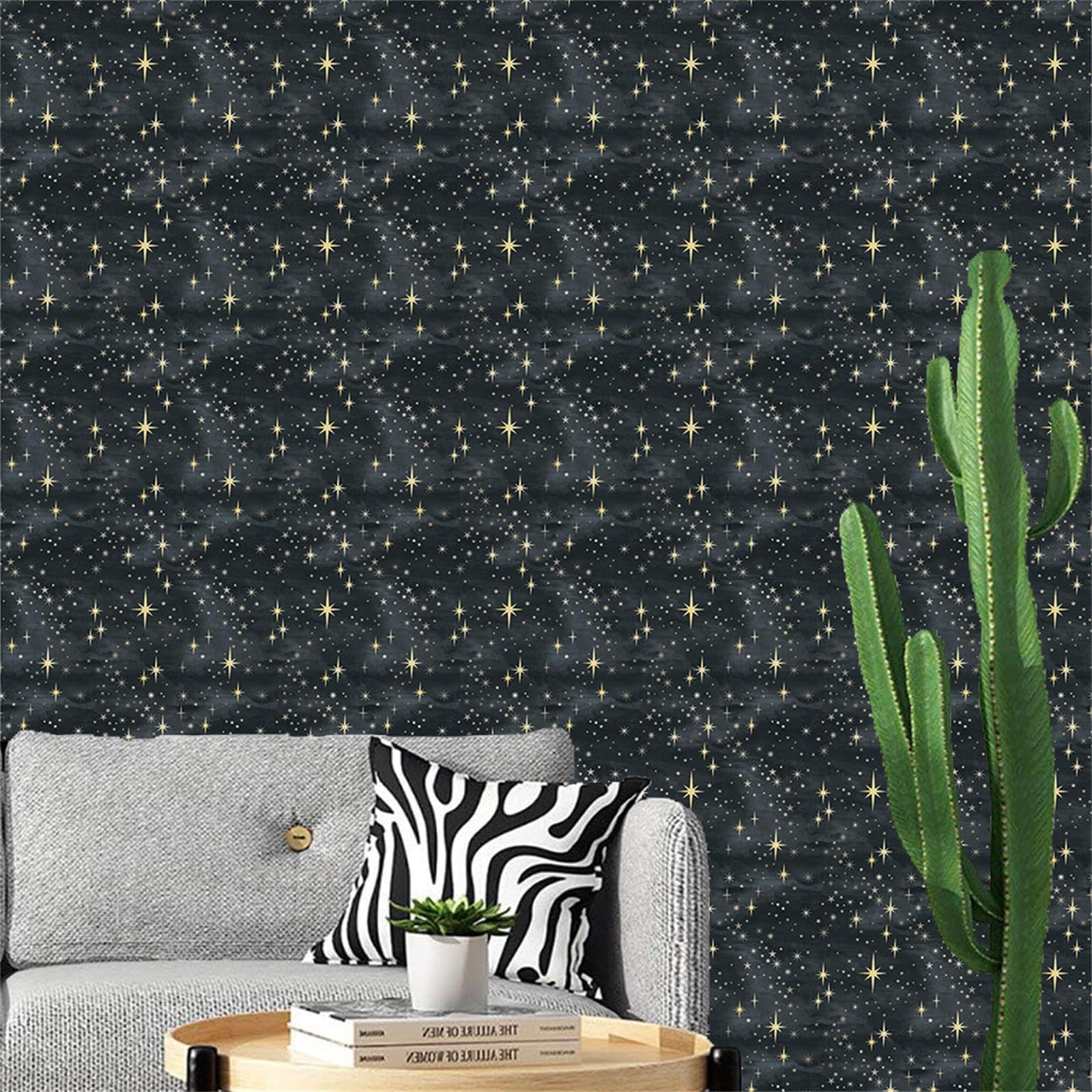Black Peel And Stick Wallpaper Retro Star Wall Stickers Self Adhesive Wallpaper Yellow Starburst Contact Paper For Ceiling Decor