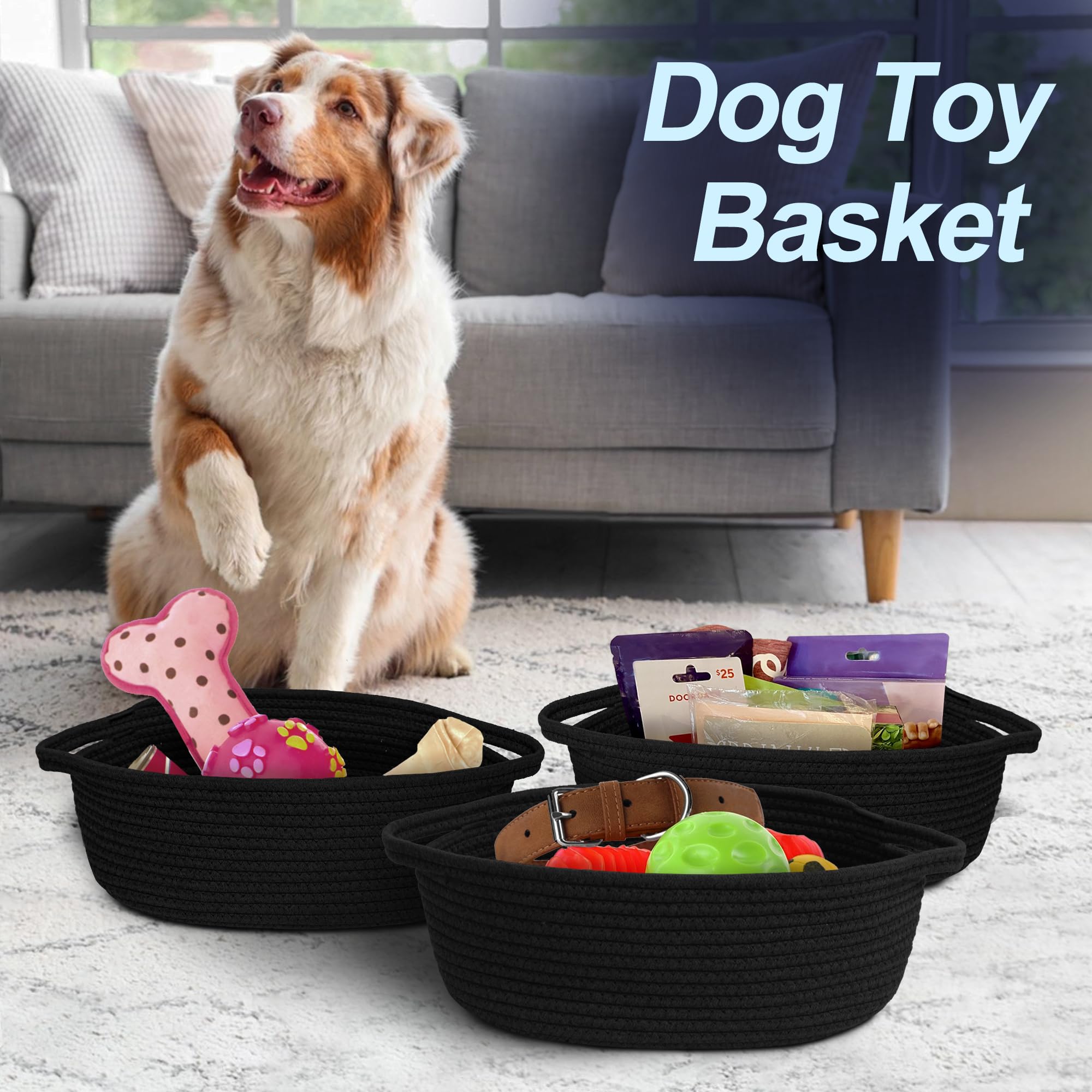 MEGASKET Black Woven Basket, 13    x 9    x 5    Cute Dog Toy Basket, Soft Cotton Rope Storage Box, Cat Toy Bin, Baskets for Gif