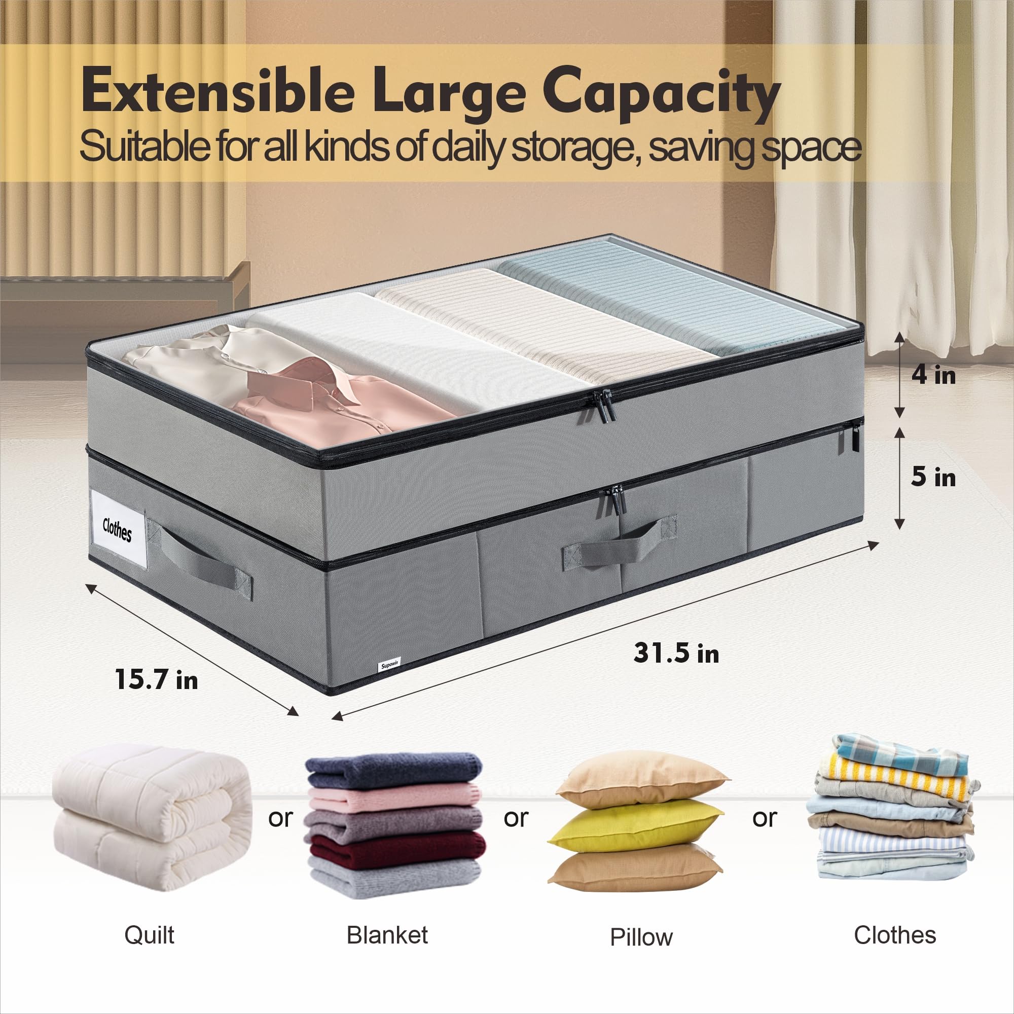 Supowin Large Under Bed Storage Containers, 2-Pack Double Layer Underbed Storage Bins with 3 Handles, 70L Extensible/Closed Clot