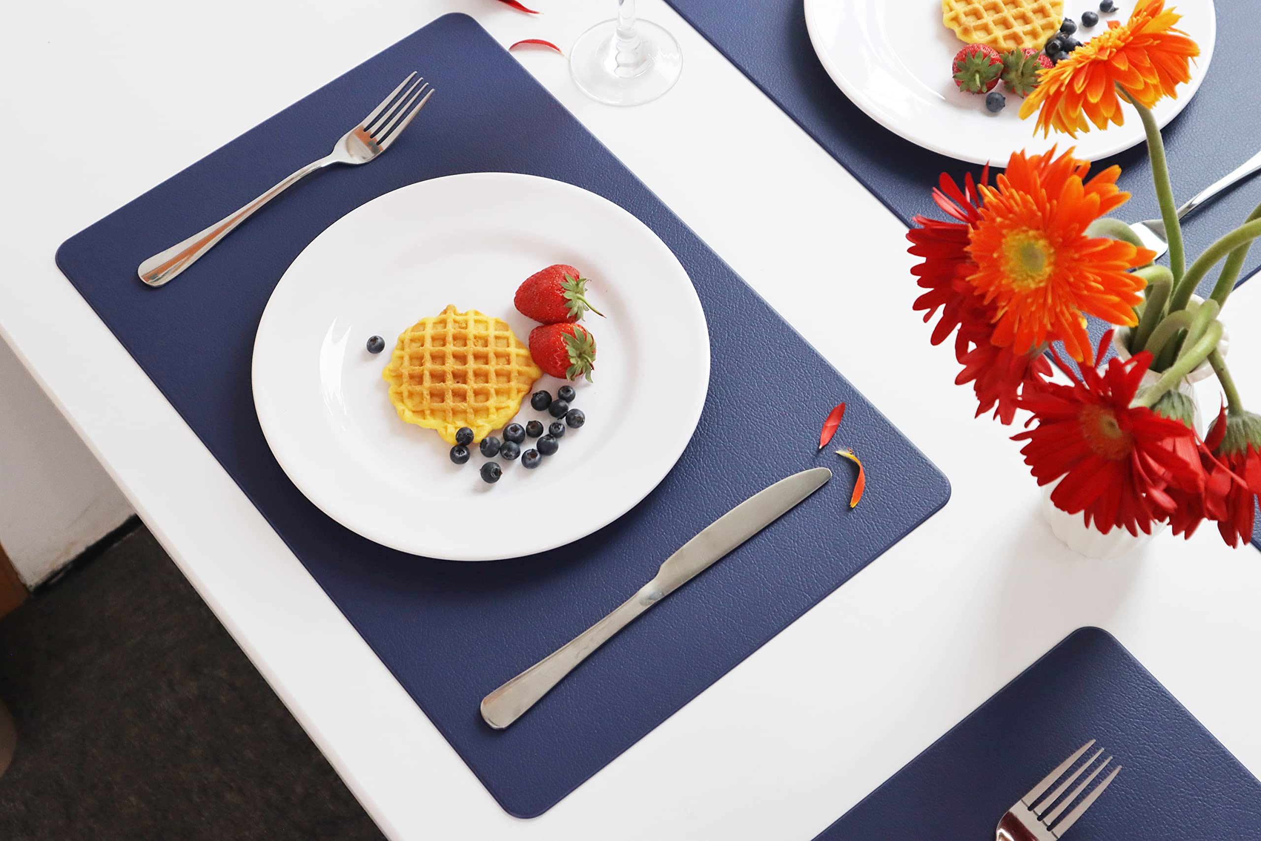 Vinjiasin Placemats Set Of 6 Navy Blue Leather Place Mats For Indoor Outdoor Kitchen Dining Table Mats Waterproof Wipeable Heat