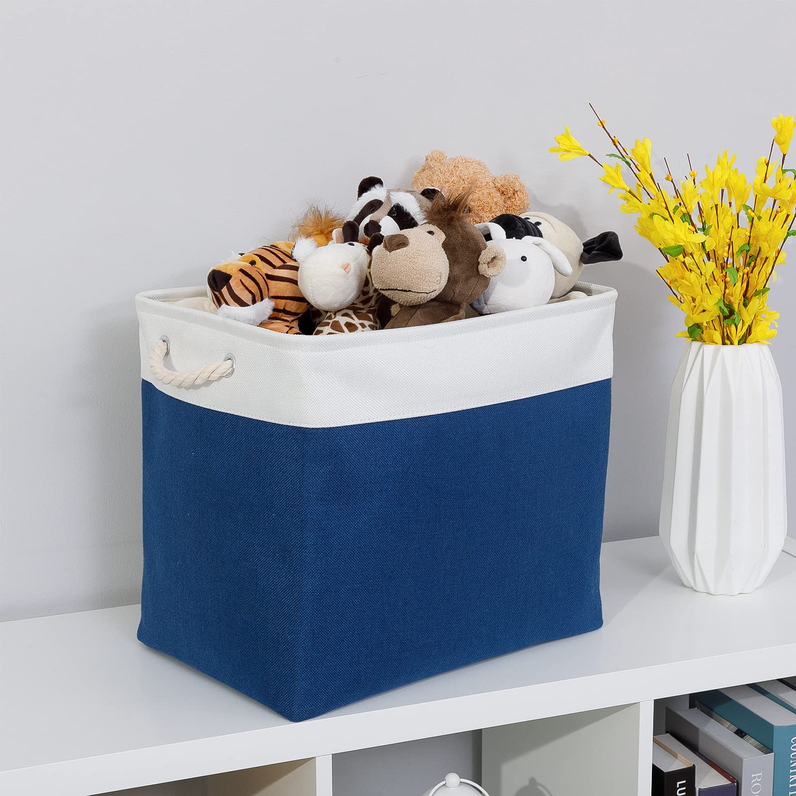 Bidtakay Large Baskets With Cotton Handles Set Of 2 Navy Blue Canvas Organization Bins 17X12X15 In Rectangular Baskets For Blank