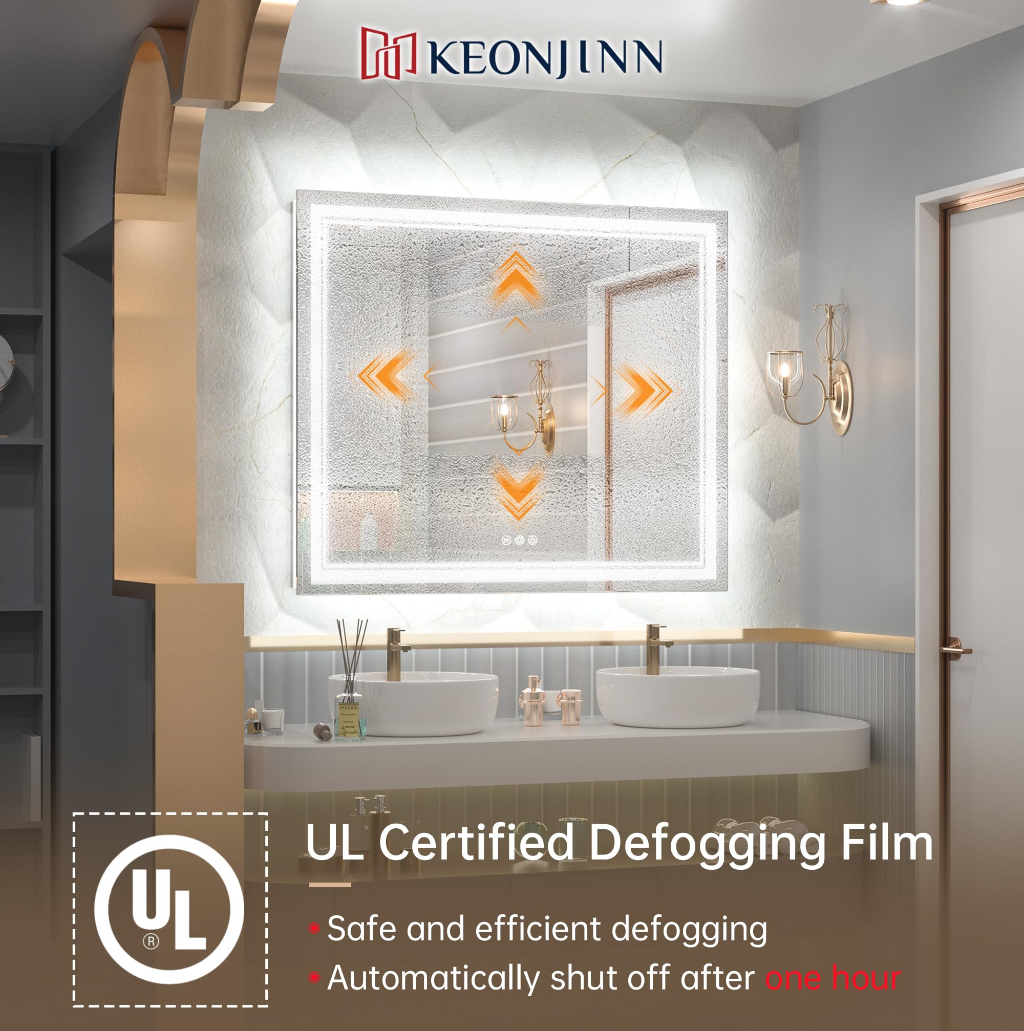 Keonjinn Bathroom Led Mirror 42 X 36 Inch Frontlit And Backlit, Stepless 3 Colors Temperature & Dimmable Tempered Glass Mirror,