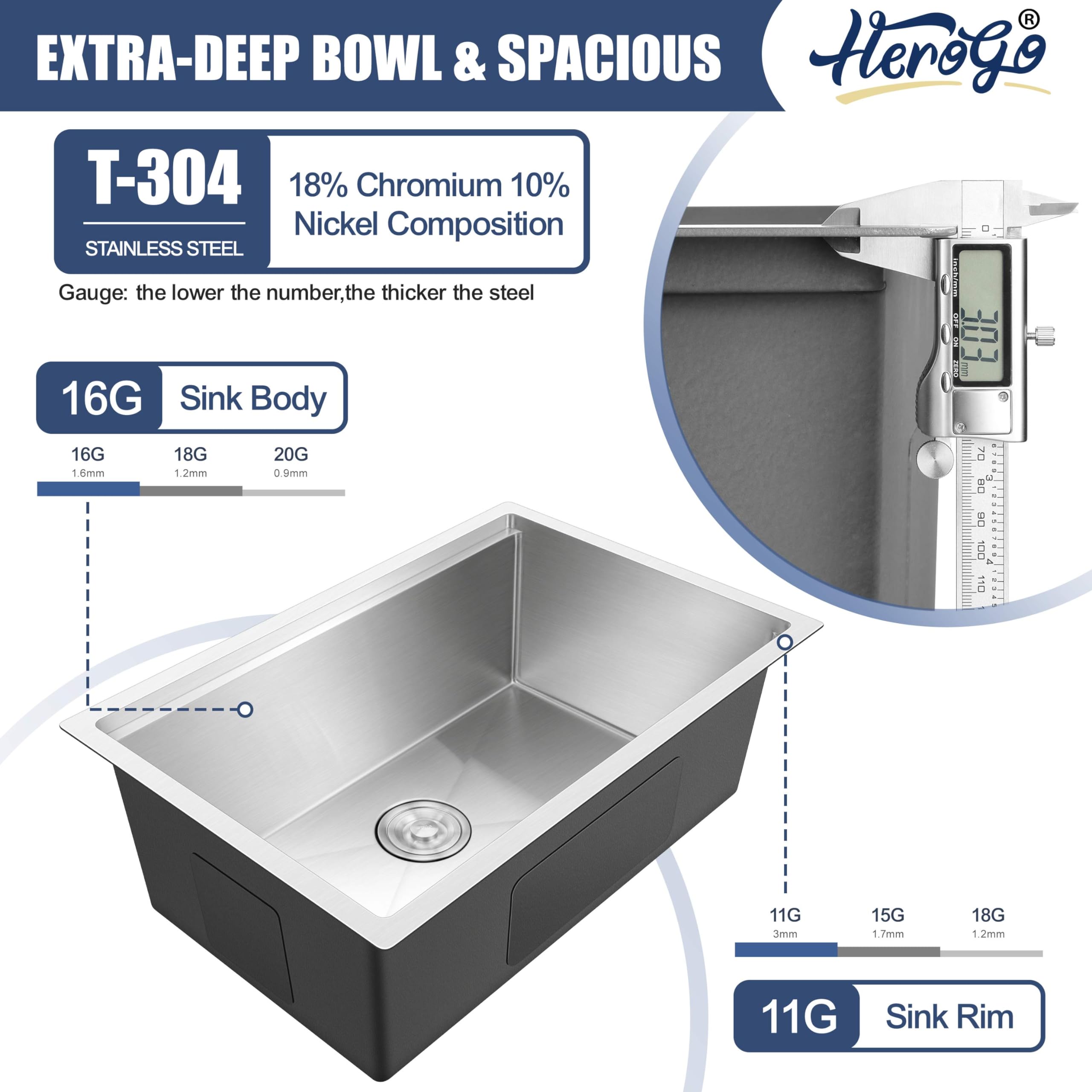 27X18Inch Undermount Kitchen Sink, Herogo Stainless Steel Single Bowl Kitchen Workstaion Sink Basin, Handmade 16 Gauge 10'' Deep